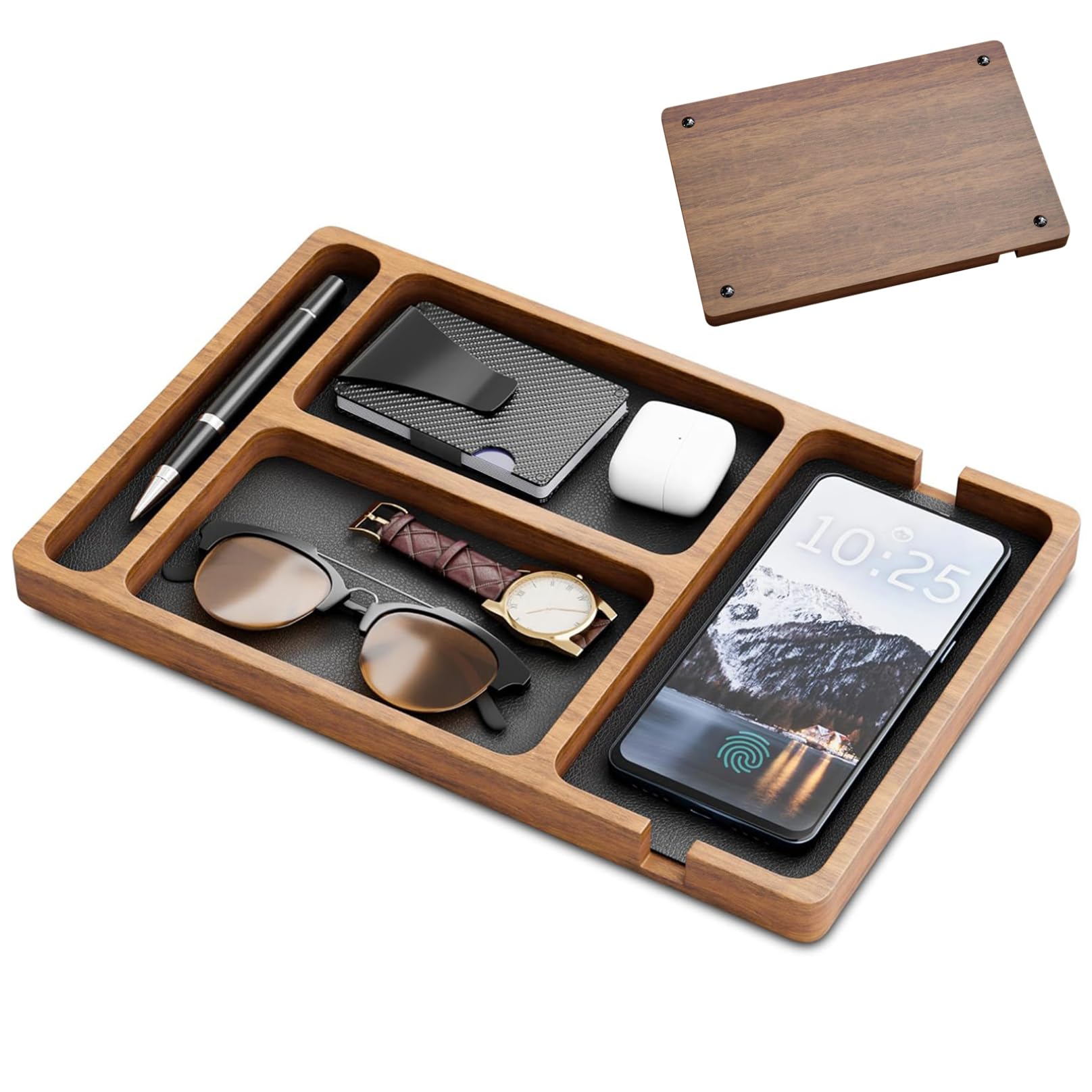 Organiseur de table de nuit, plateau voiturier en bois avec incrustation en cuir, organisateur table nuit 12 x 8 compartiments pour hommes et femmes, plateau fourre-tout pour clés, téléphone