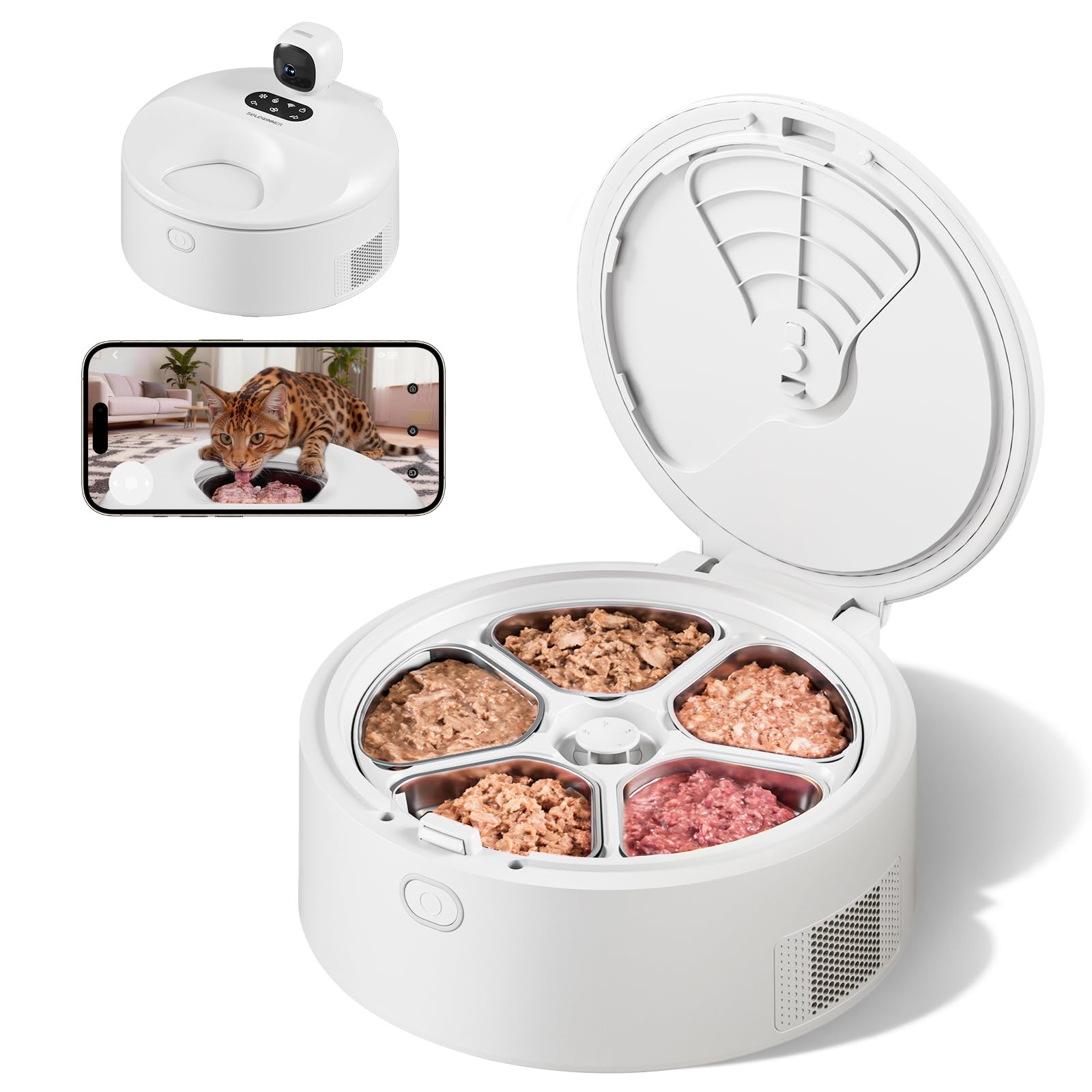 Automatic Cat Feeder Wet Food for 5 Meals, Semiconductor Cooling & 𝐏𝐫𝐞-𝐇𝐞𝐚𝐭𝐢𝐧𝐠 Pet Food Dispenser with Night Vision Camera, App-Controlled Auto Cat Feeder with Food-Grade Stainless Tray