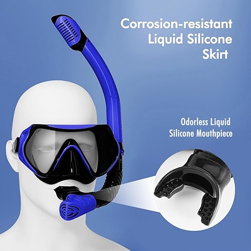 Miniatura 4 de Equipo de esnórquel para adultos, juego de máscara de esnórquel JRing con vidrio templado de 180 grados, gafas antivaho para buceo, esnórquel con