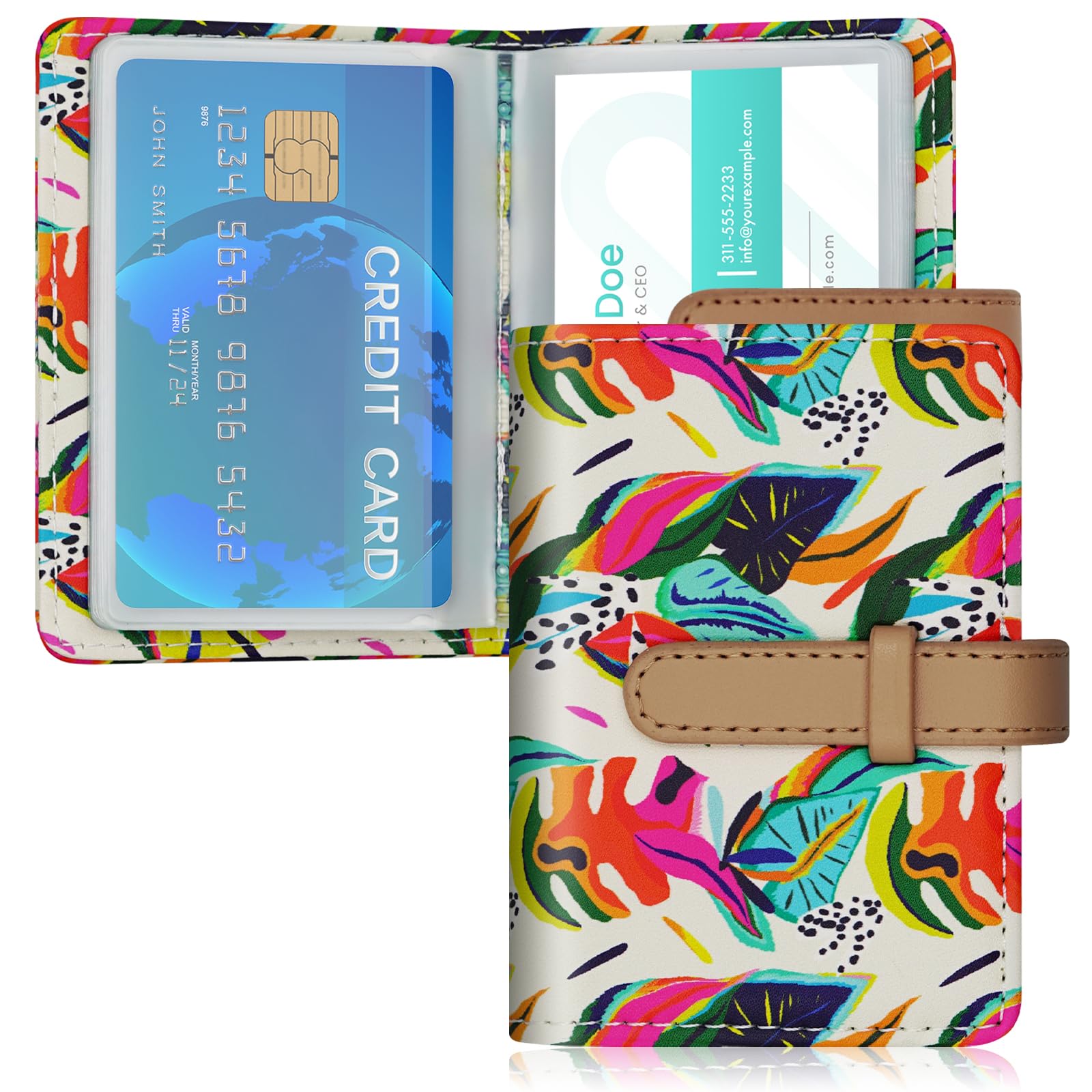 DEEZOMO PU Leather Credit Card Holder for Women, Small RFID Wallet Slim 26 Pockets Leather Card Organizer Case with Sturdy Button Colorful Patterns