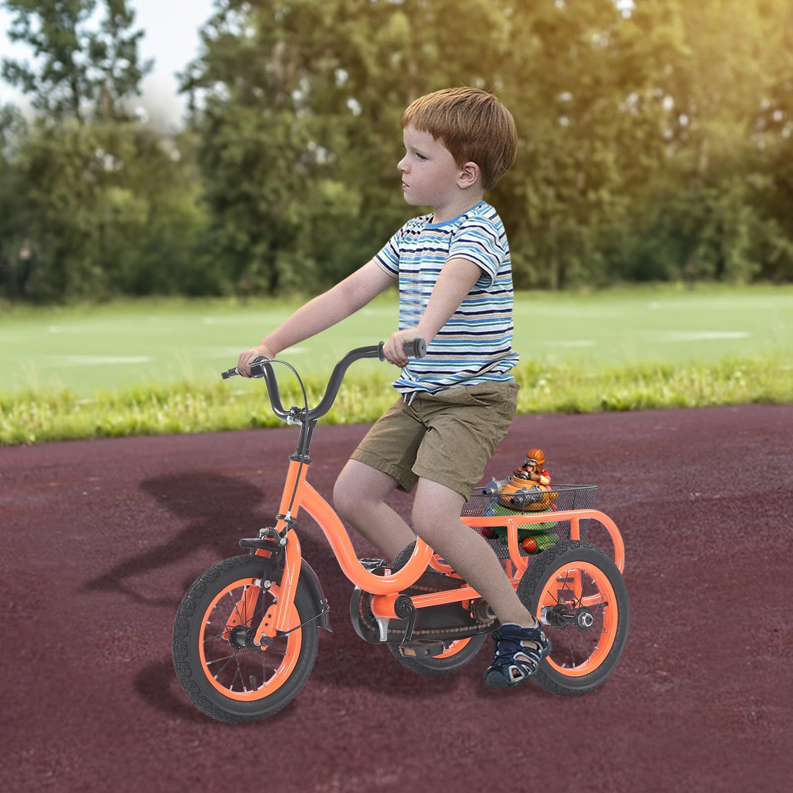 Triciclo infantil de 12 pulgadas, bicicleta infantil con cesta grande, triciclo de altura ajustable, adecuado para niños de 2 a 5 años y una altura de 90 a 115 cm, naranja