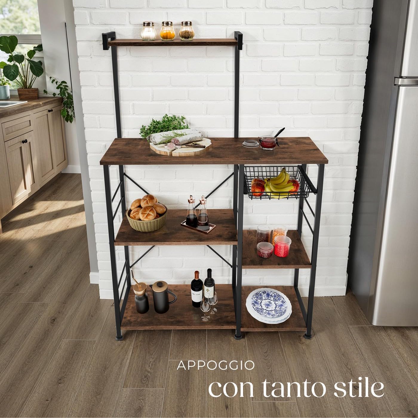 tectake® Scaffale Cucina 90x40x131,5cm, Organizer Cucina 6 Ripiani, Scaffale Portaoggetti, Ripiano d'Appoggio per Microonde e Piatti, Mobiletto Salvaspazio, Arredamento Casa - Legno Industriale Scuro