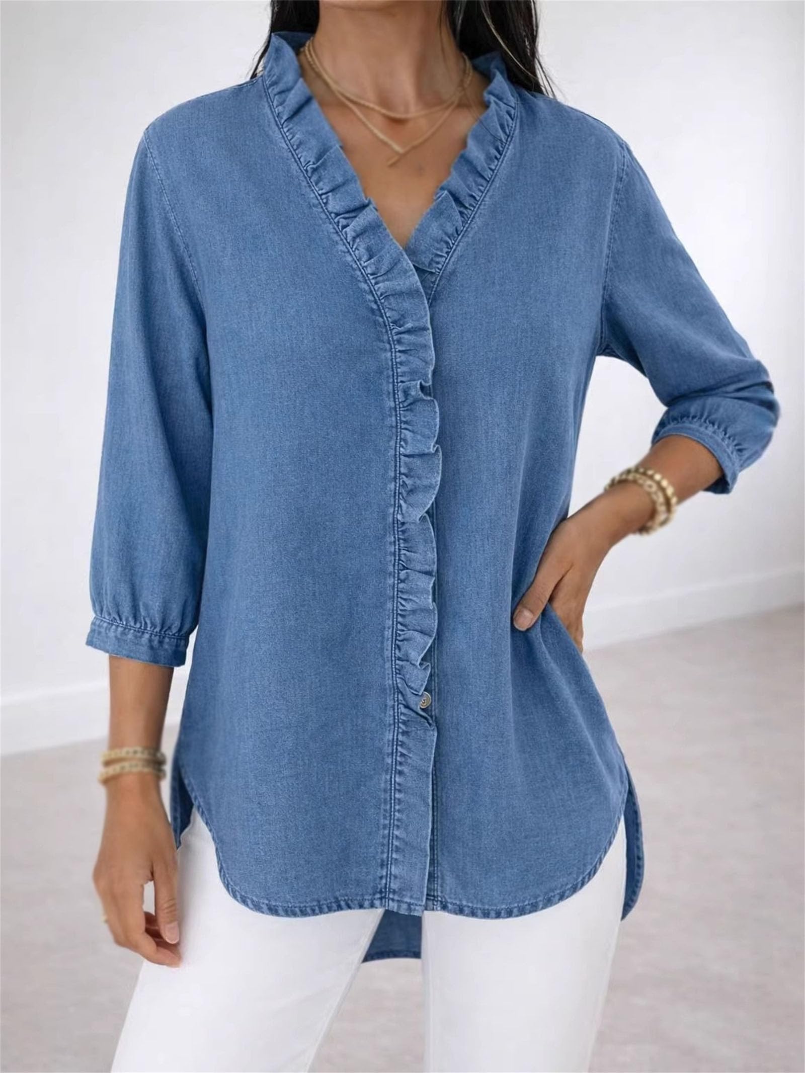 Camicia in jeans da donna con scollo a V, maniche a 3/4 arrotolabili, stile casual, con scollo a V e balze