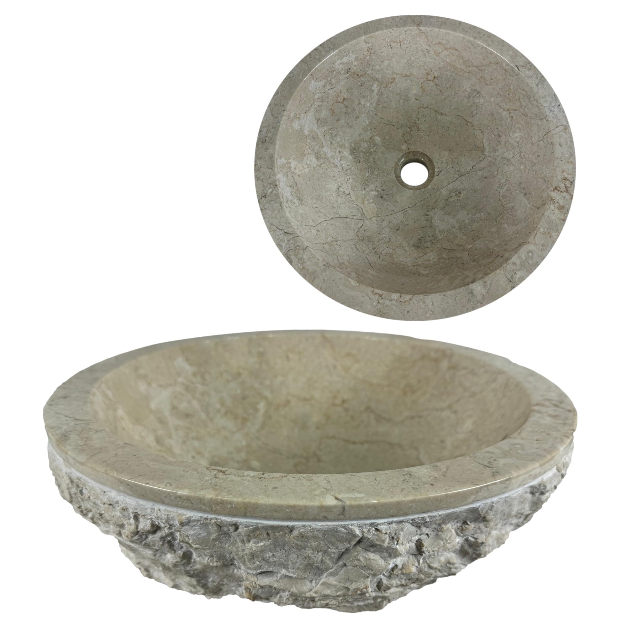 Lavabo rond 40x40x15 cm - Marbre - Pierre naturelle - Évier de salle de bain - Vasque à Poser de Toilette - Brillant - Lave-mains moderne (Crème)