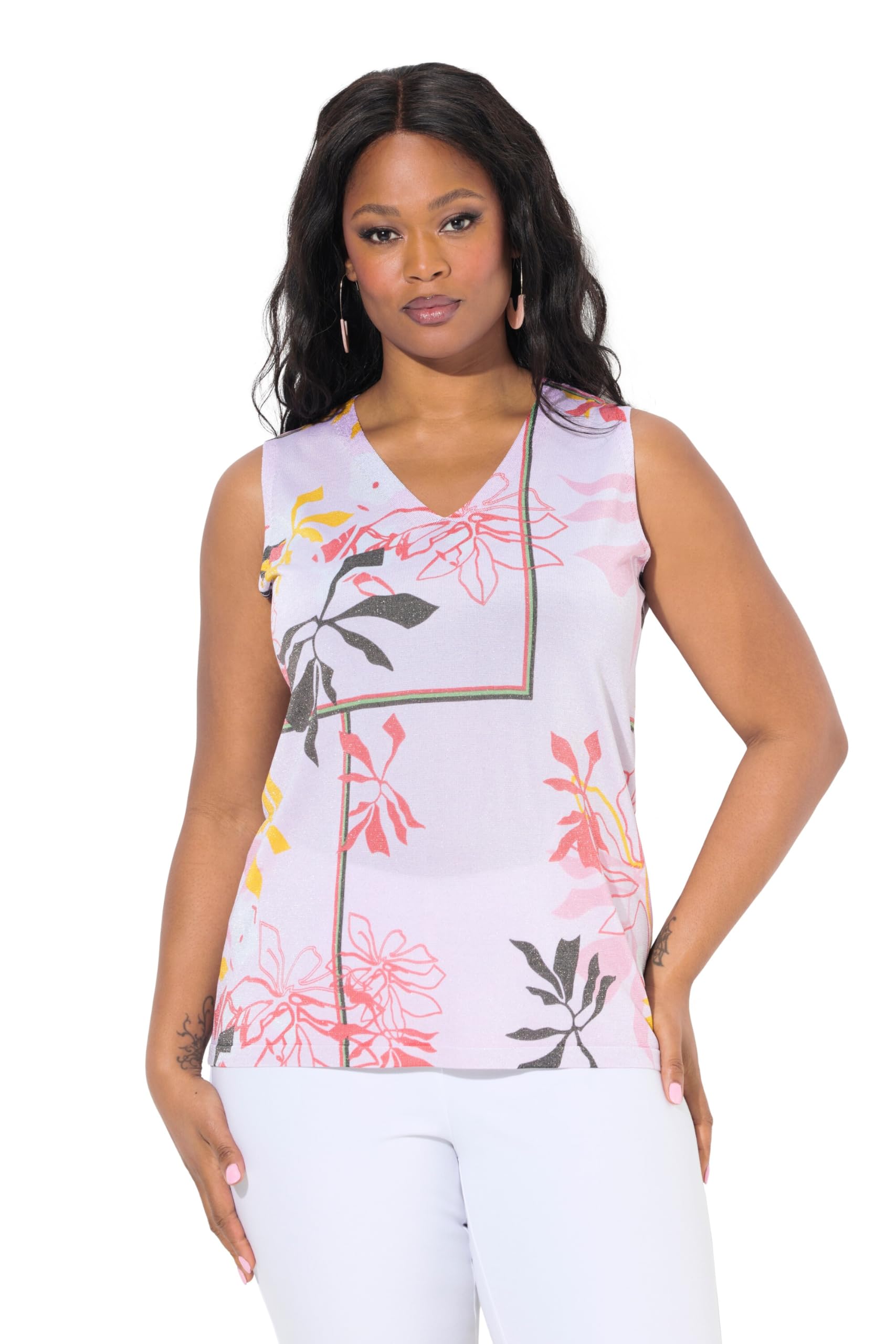 Ulla Popken Damen große Größen Übergrößen Plus Size Stricktop, florales Muster, V-Ausschnitt, ärmellos 837782