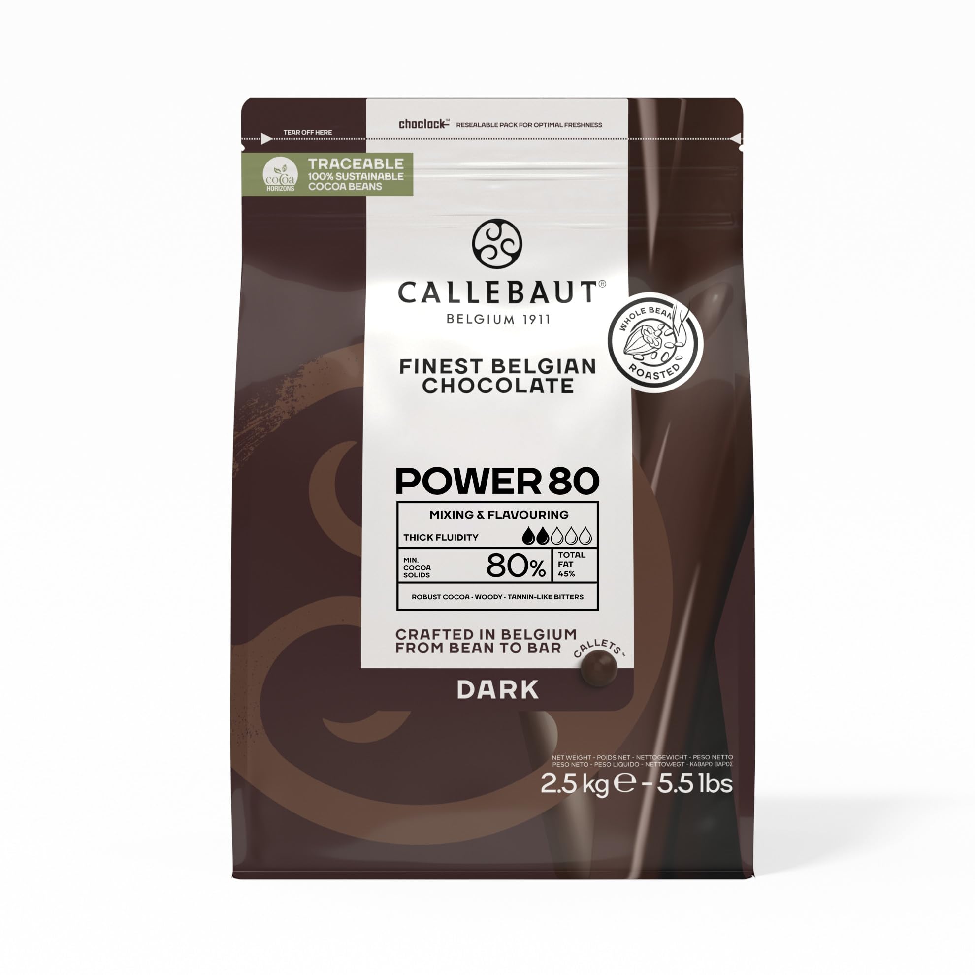 CALLEBAUT Power 80% Chocolat Noir Plus de Goût Plus de Puissance et d'Intensité sans être Trop Amer 2,5 kg