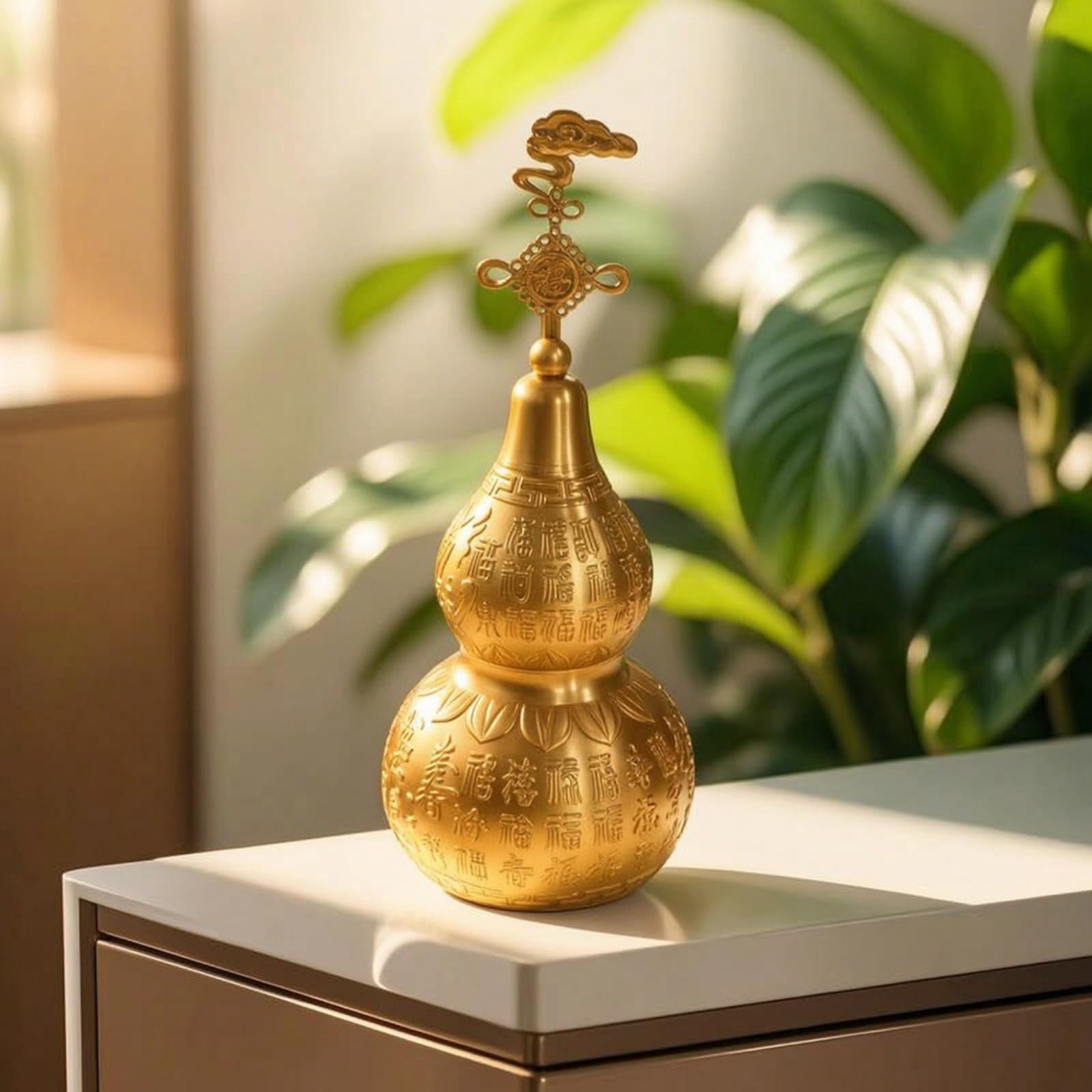 Calabaza de Latón Figura Ornamento Escultura Estatua Acabado Latonado con Relieve Chino y Adecuada para Entrada Sala Estantería Escritorio de Trabajo Colección 24cm