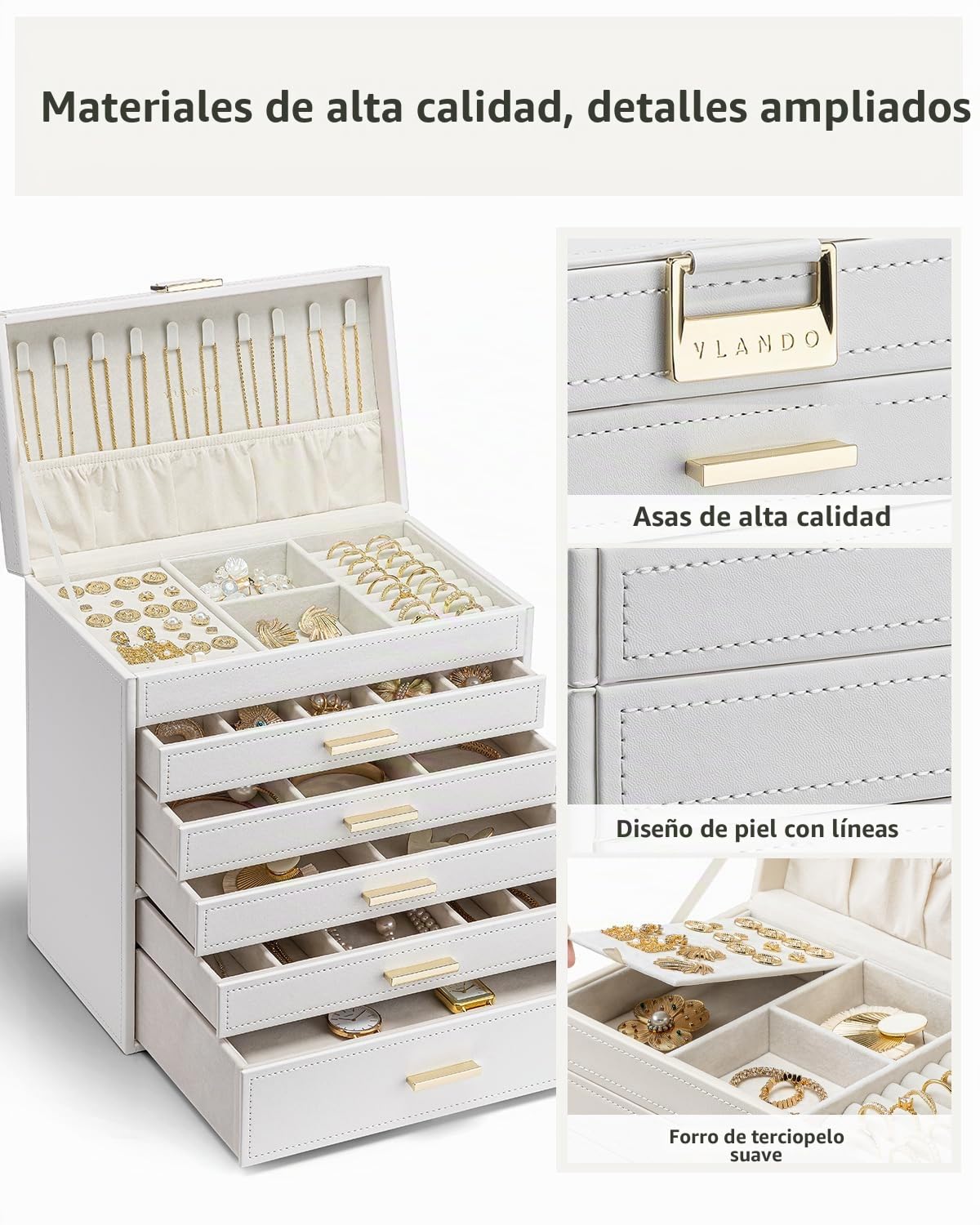 VLANDO Joyeros Mujer Organizador, Joyero Mujer de 6 Niveles | Joyeros mujer organizador grande, regalo para mujeres, para pendientes anillos joyas con cajones