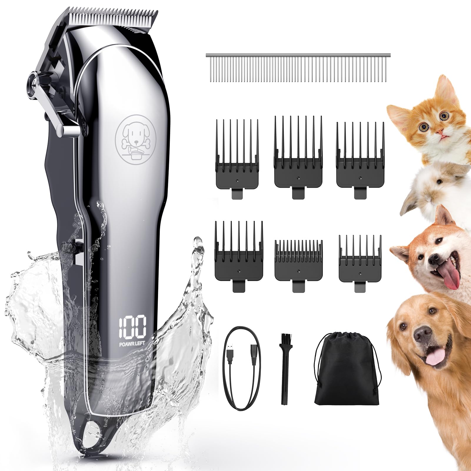 Kriogor Maquina Cortar Pelo Perros, IPX7 Impermeable Cortapelo sin Cable Para Perros de Pelo Largo y Grueso, Recargable de Bajo Ruido Para Perros y Gatos
