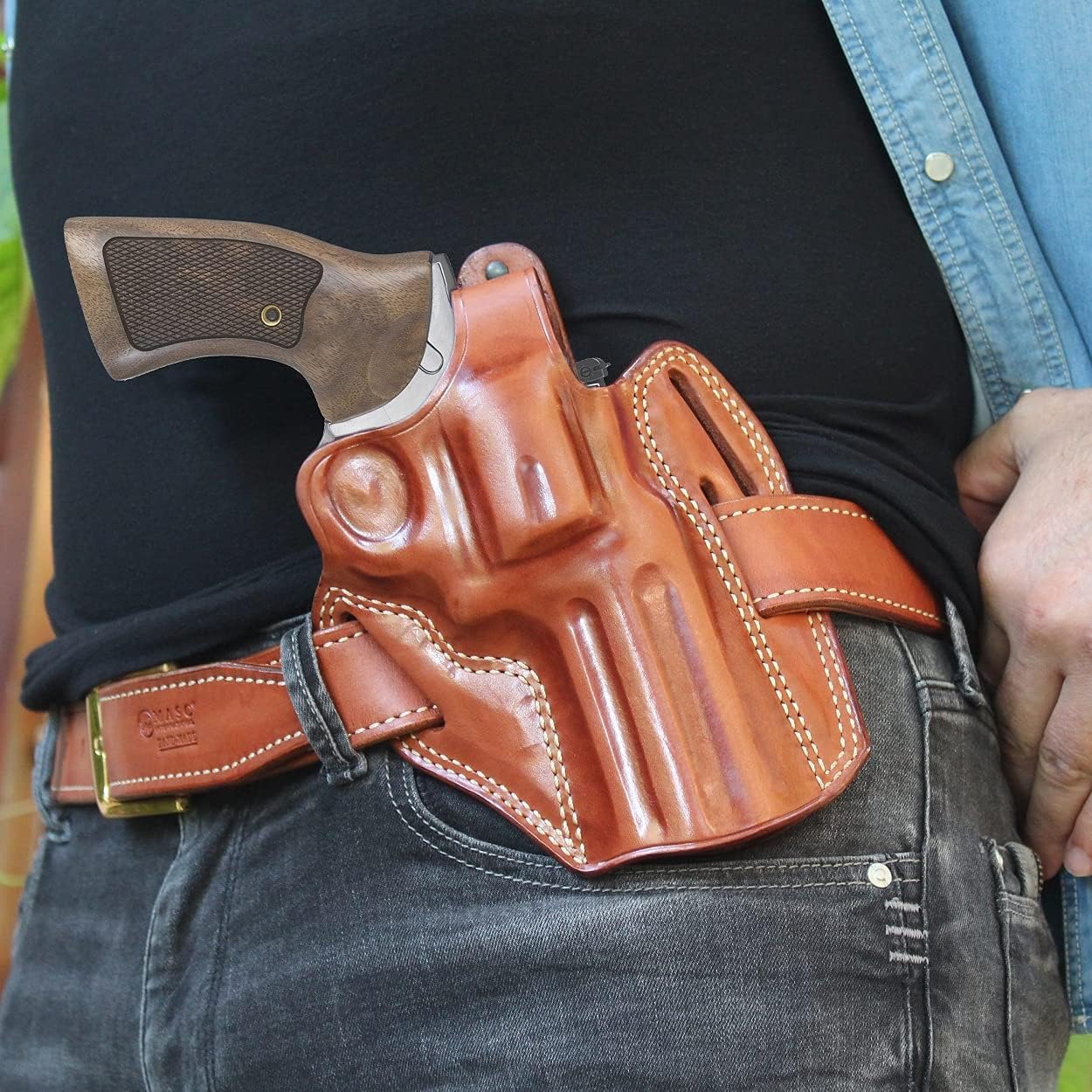 Masc Premium Leather Three Slot OWB Pancake Holster with Thumb Break Fits, King Cobra Target 357 Mag 6RD 4.25-inch, Right Hand Draw, Brown Color #1632#