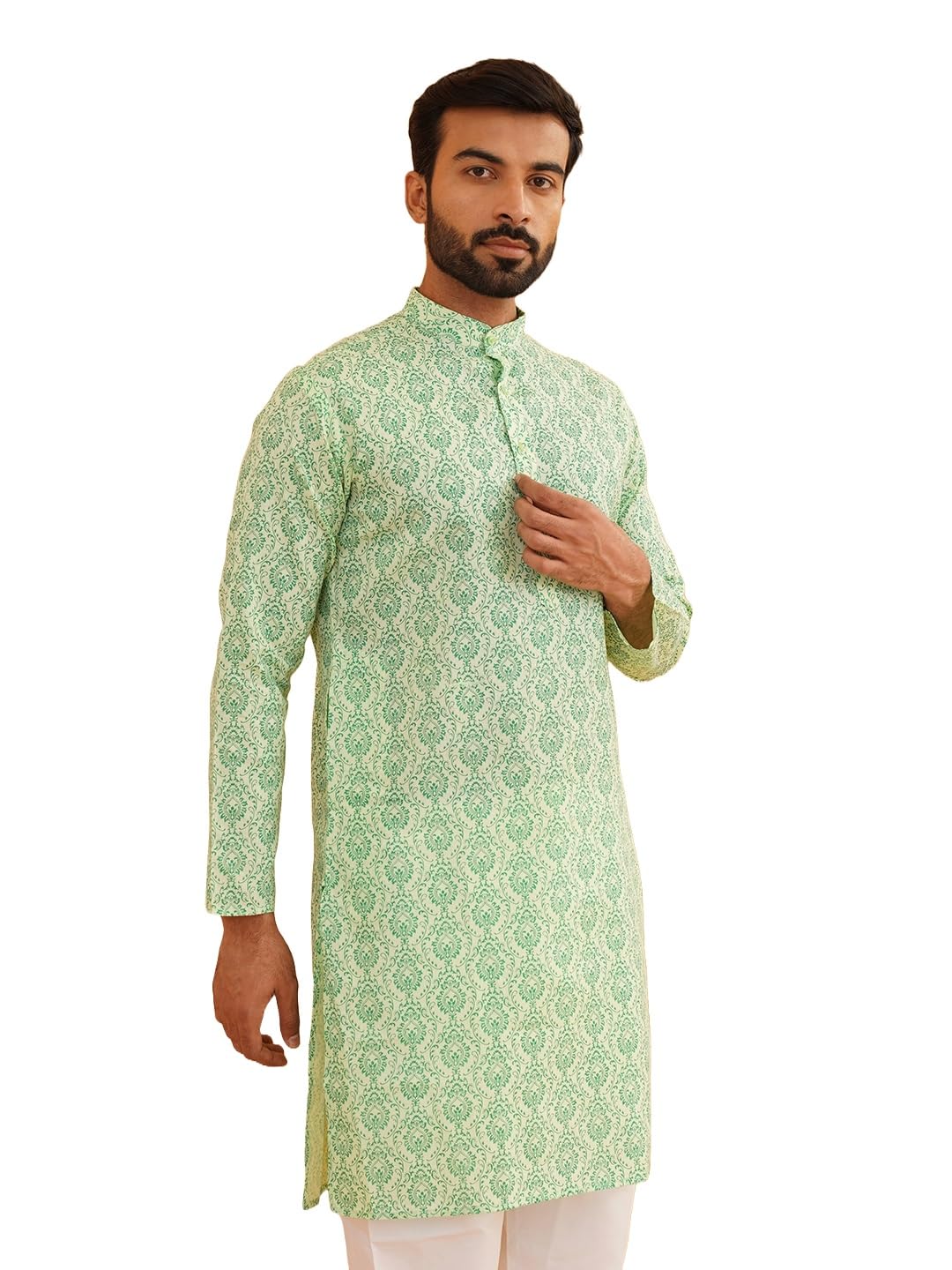 Sojanya (Since 1958 Men's Cotton Blend Pista Green Printed Only Long Kurta Size:44