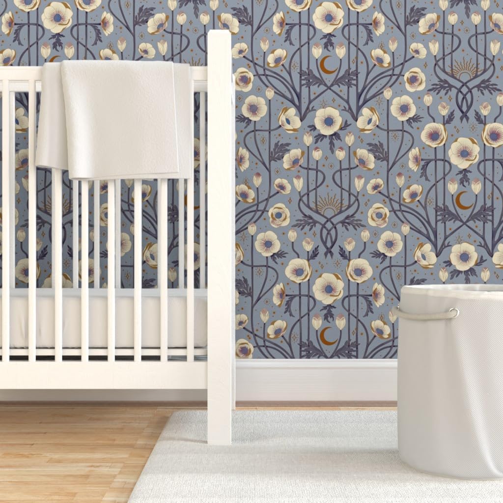 Removable Wallpaper Swatch - Art Nouveau Boho Floral Deco Flowers Celestial Anemone Moon Custom Pre-Pasted Wallpaper by Spoonflower