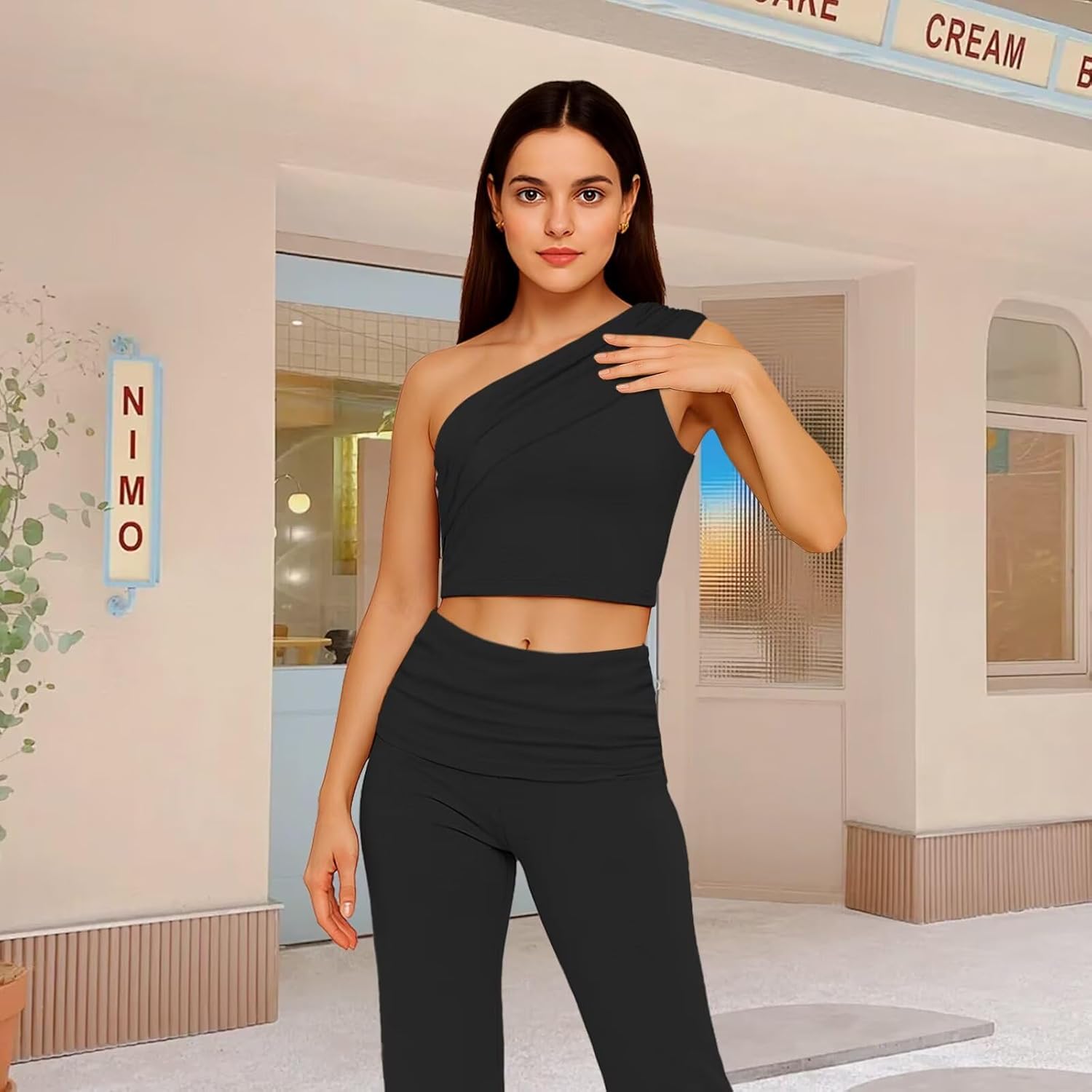 WXN Two Piece Sets for Women Summer Casual One Shoulder Crop Top Foldover Pants Set - Image 5