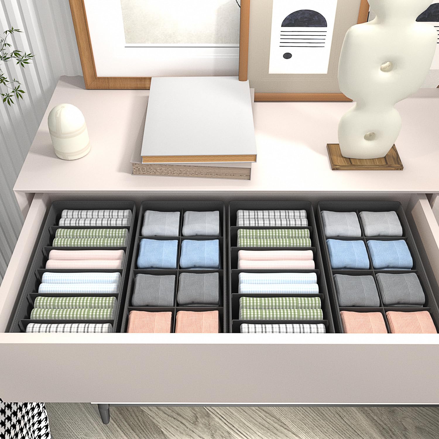Confezione da 4 divisori pieghevoli per cassetti, per vestiti, calze, biancheria intima, cravatte, cinture, camera da letto