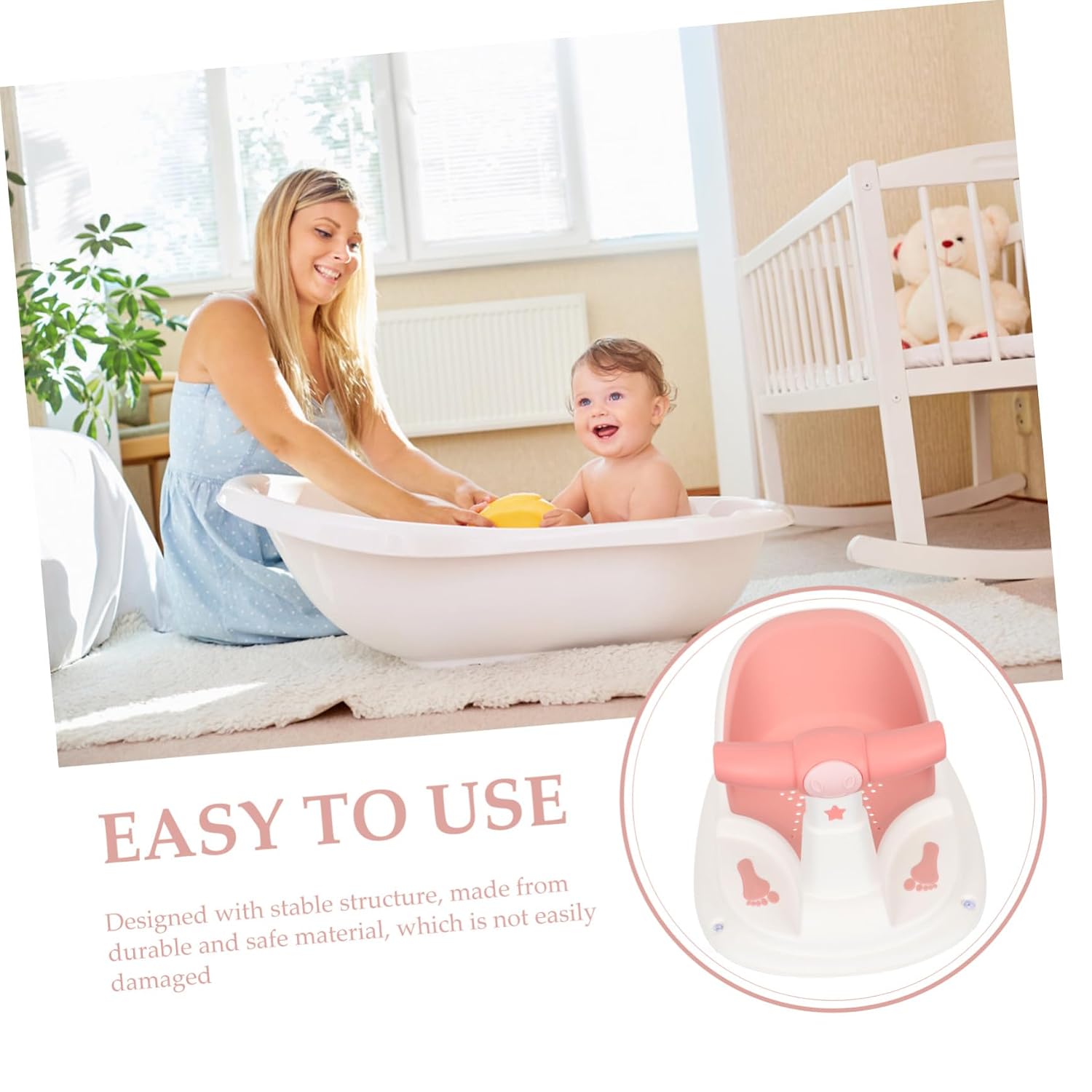 KOMBIUDA Bath Chair with Stable Suction Cups Non-Slip Bathtub Seat for Sitting Up Smooth Tub Seat Support for Bath Feeding Haircut Pink