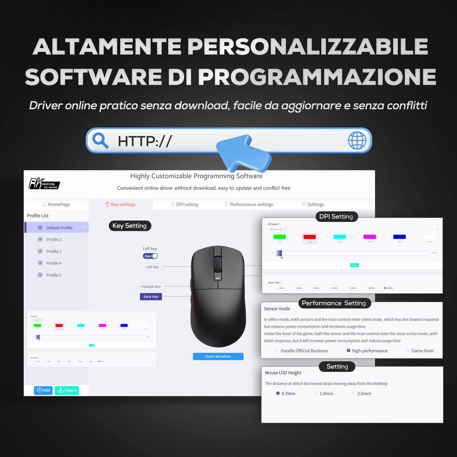 RK ROYAL KLUDGE M3 Mouse Gaming Wireless Ultraleggero 47g, Sensore PAW3950 42000 DPI, Mouse Wireless 8K BT/2.4G/USB, 5 Pulsanti Programmabili, Design Ergonomico, Batteria 650mAh per PC/Console, Nero