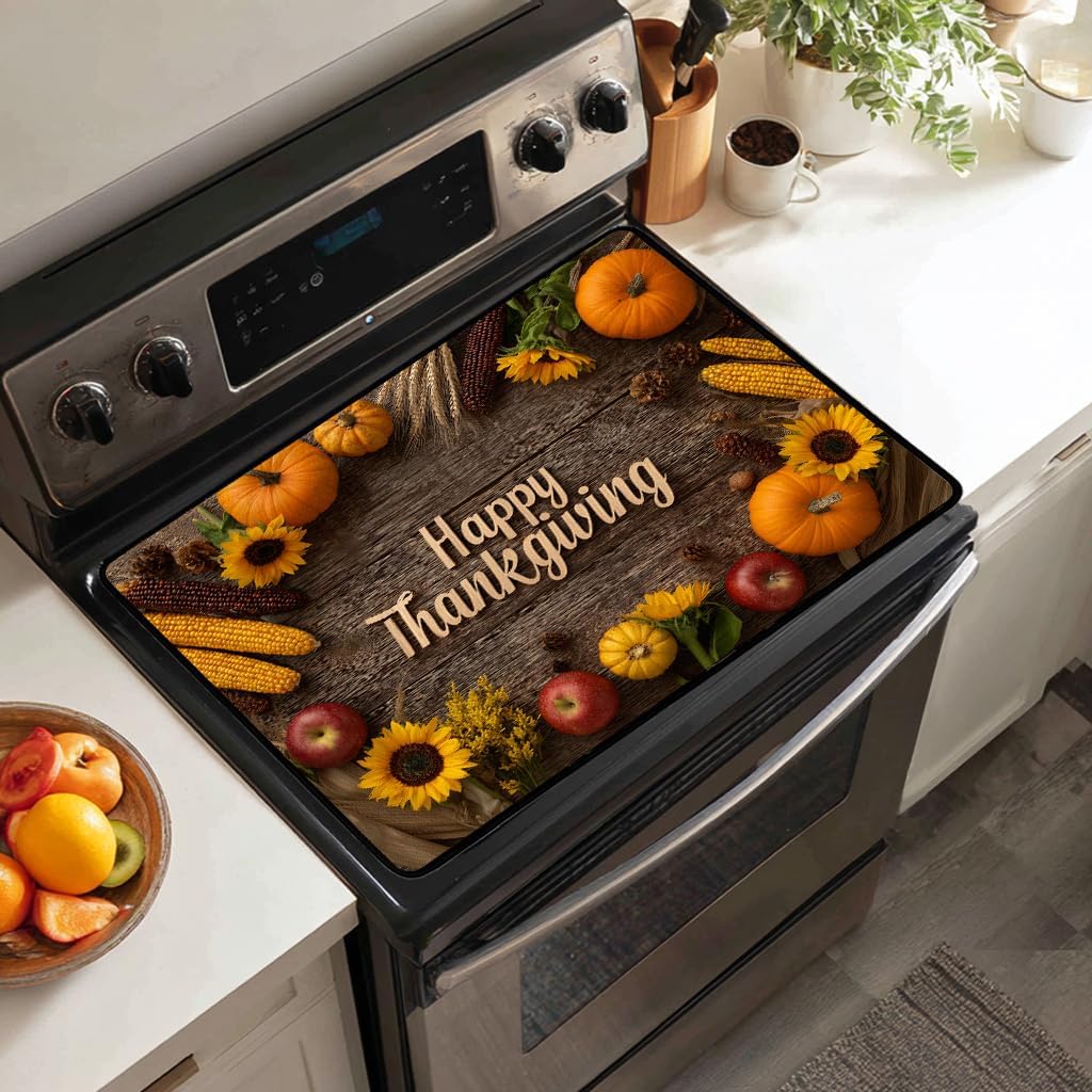 Thanksgiving Day Electric Stove Top Cover Protector, Heat-Resistant Oven Induction Cooktop Mat,Washer Top Protector, Fruits Vegetables Pattern Glass Cooktop Protector 28.5”x 20.5”