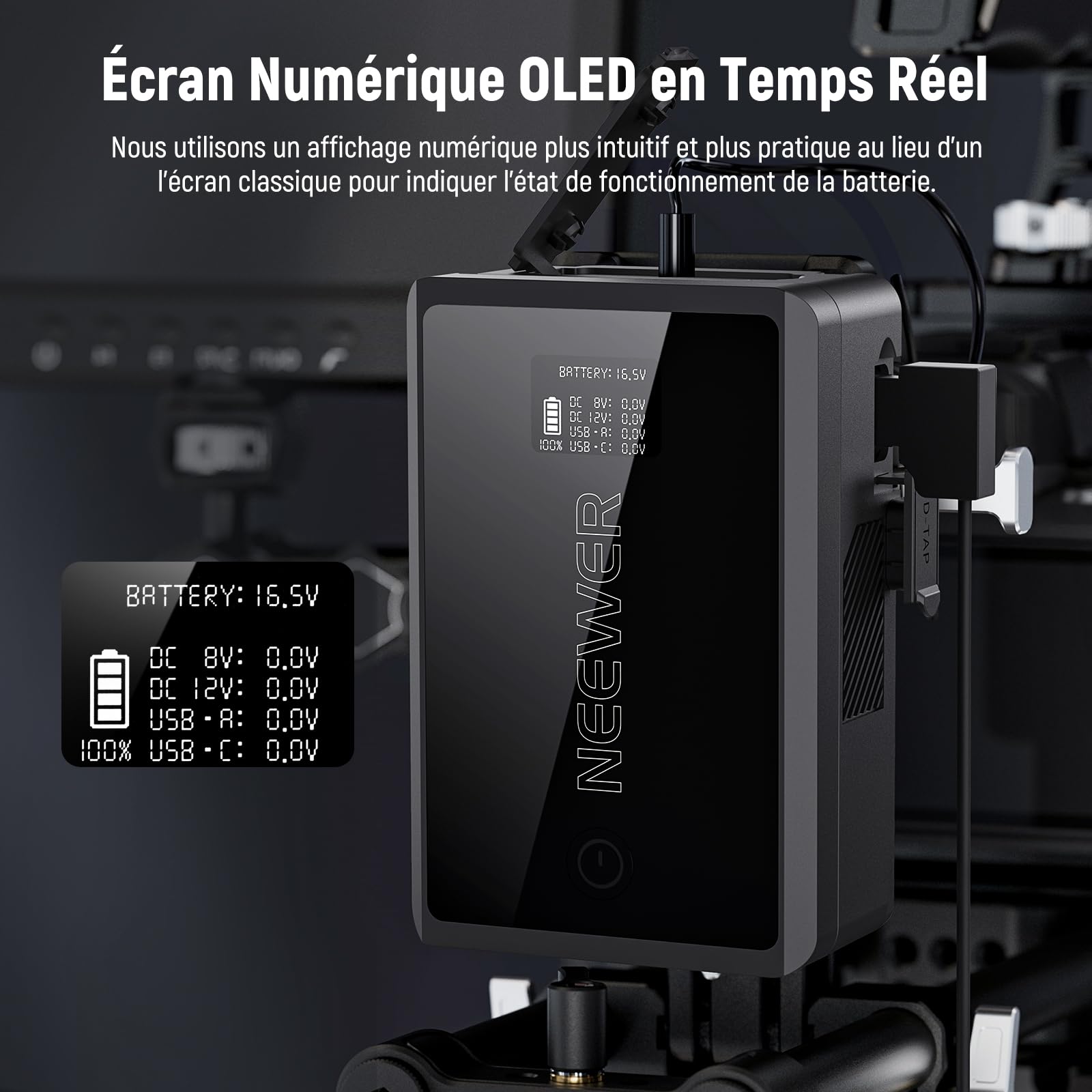 NEEWER 50Wh Mini Batterie V Mount avec Prise D Tap/USB C/USB A/BP/Double Ports CC/ Écran OLED, 3450mAh 14,54V, Batterie V Lock, Prend en Charge de la Charge Rapide 45W PD pour Appareil Photo