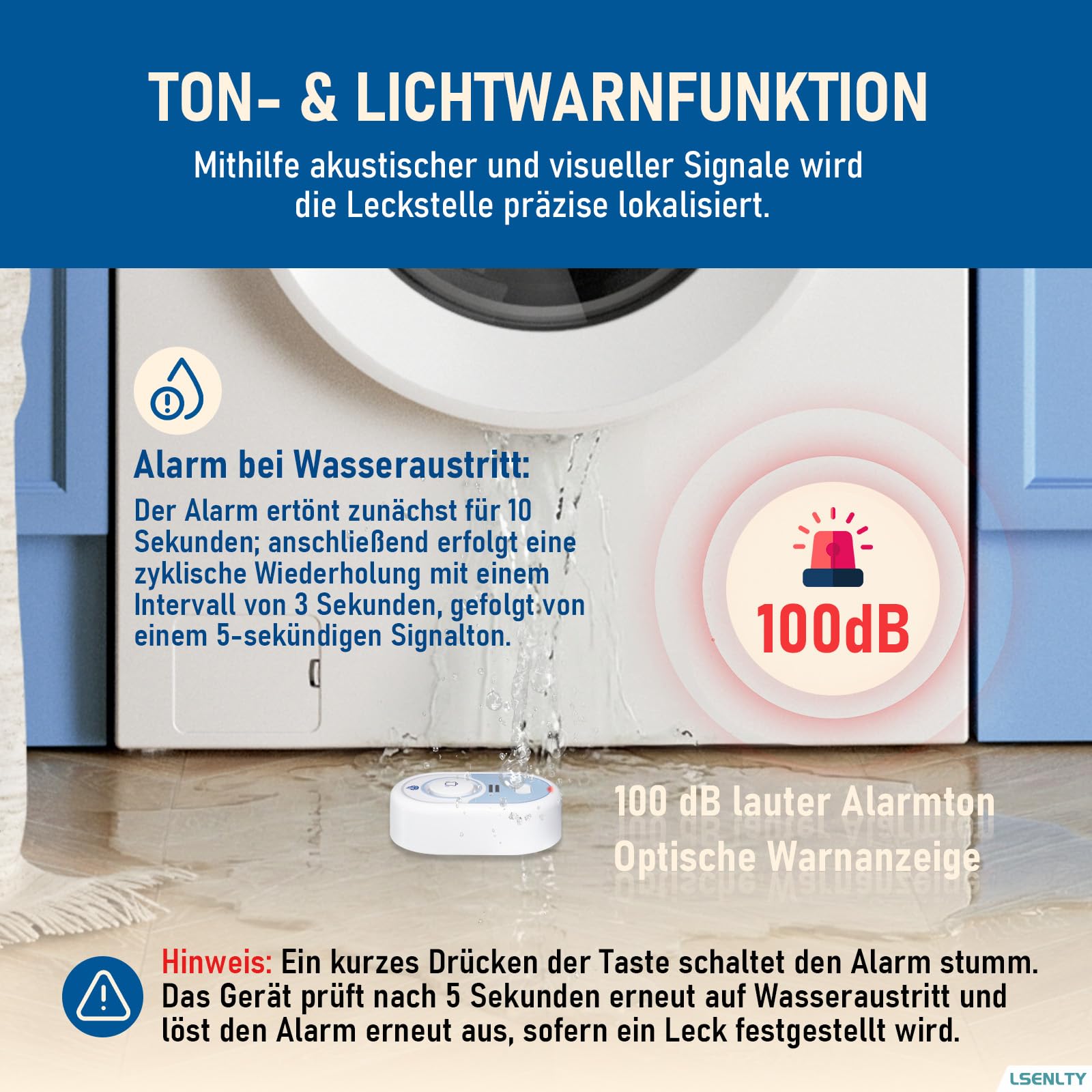 LSENTLY Wasserleck-Detektor – 5 Jahre Standby-Zeit, LED-Anzeige & 100 dB Leckalarm, Selbsttest-Funktion & Batteriewarnung, IP66 wasserdicht – für Zuhause, 5er-Pack (Keine WLAN-Verbindung möglich)