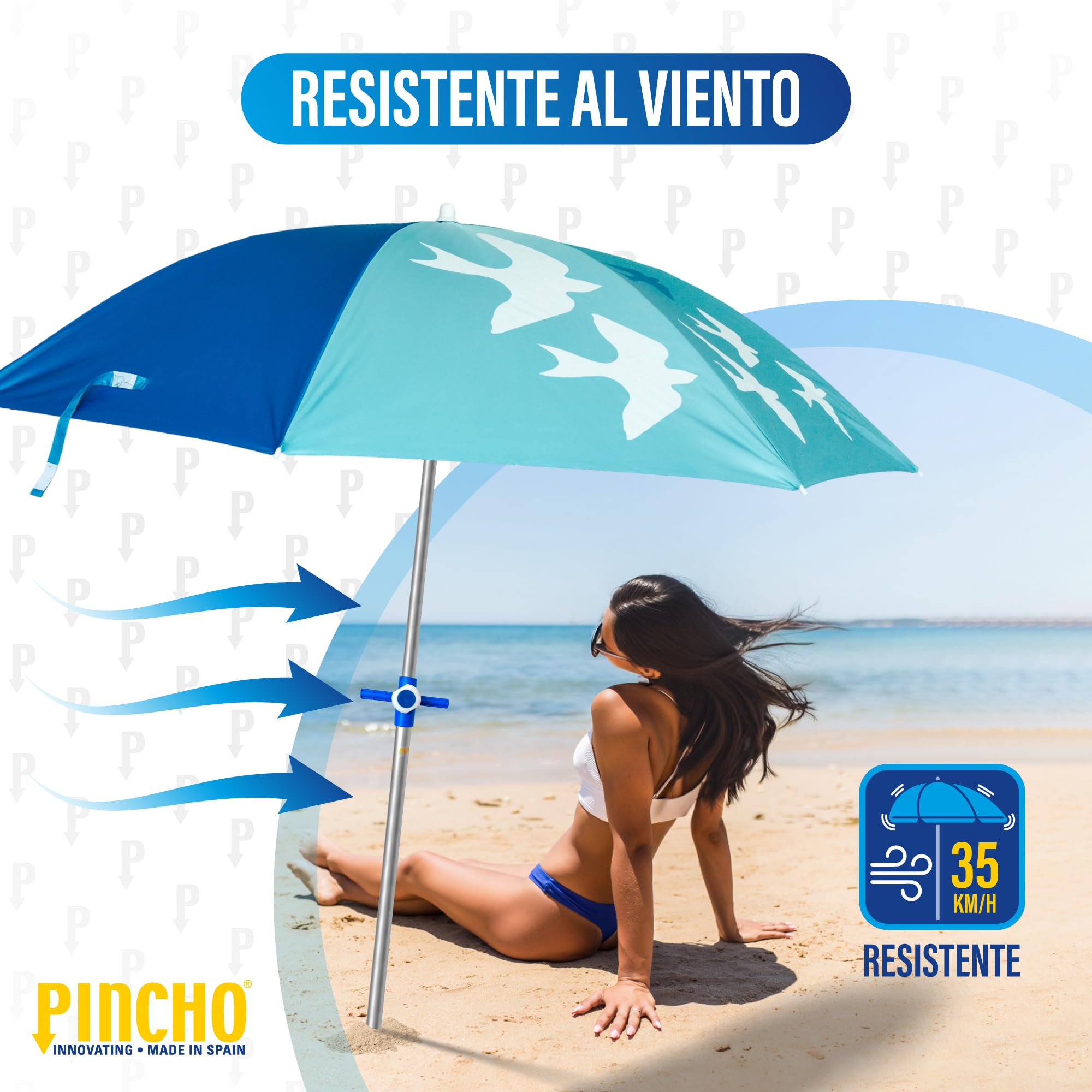 Pincho Ombrellone da spiaggia Ø180 cm Acciaio, tessuto poliestere con protezione UPF 50+, sistema, punta in alluminio e levetta, 8 aste in acciaio da 3 mm, reclinabile