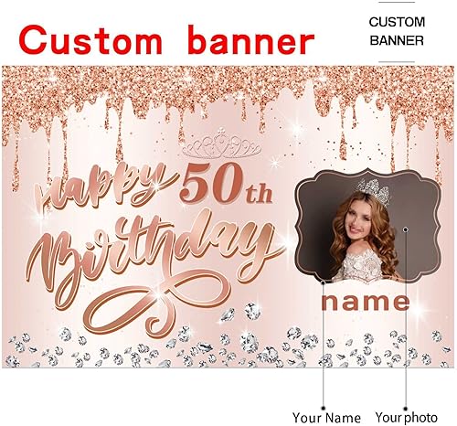 Miniatura 2 de Cartel personalizado de decoración de cumpleaños número 50 con tema de oro rosa - Cartel de tela personalizado para suministros de fiesta de