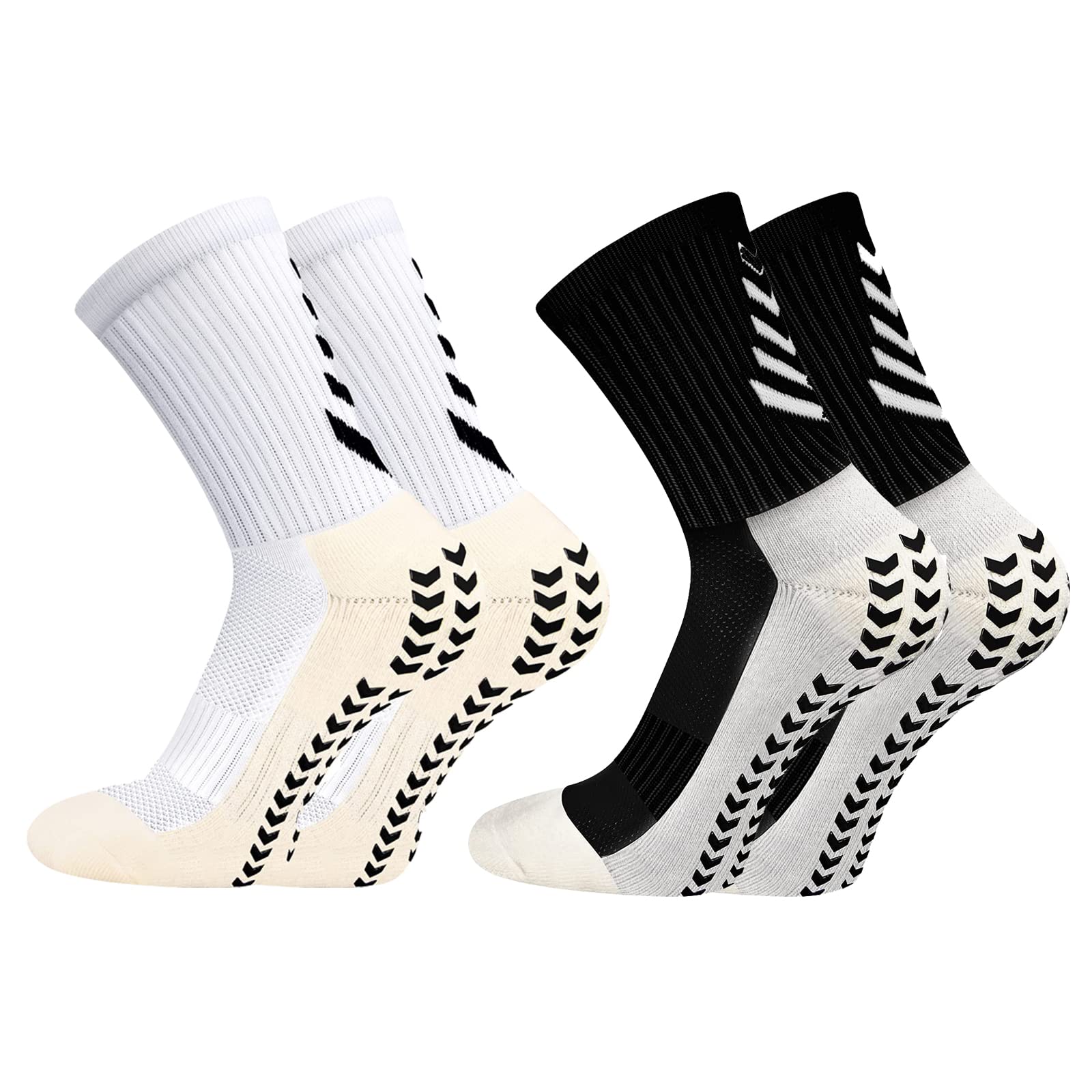 MAKINGTEC 2 Pairs of Men's Non Slip Soccer Socks, Running Socks Sports Socks for Soccer Basketball Towel Bottom Sports Grip Socks Mid-calf Socks (Black, White), S S Black+White