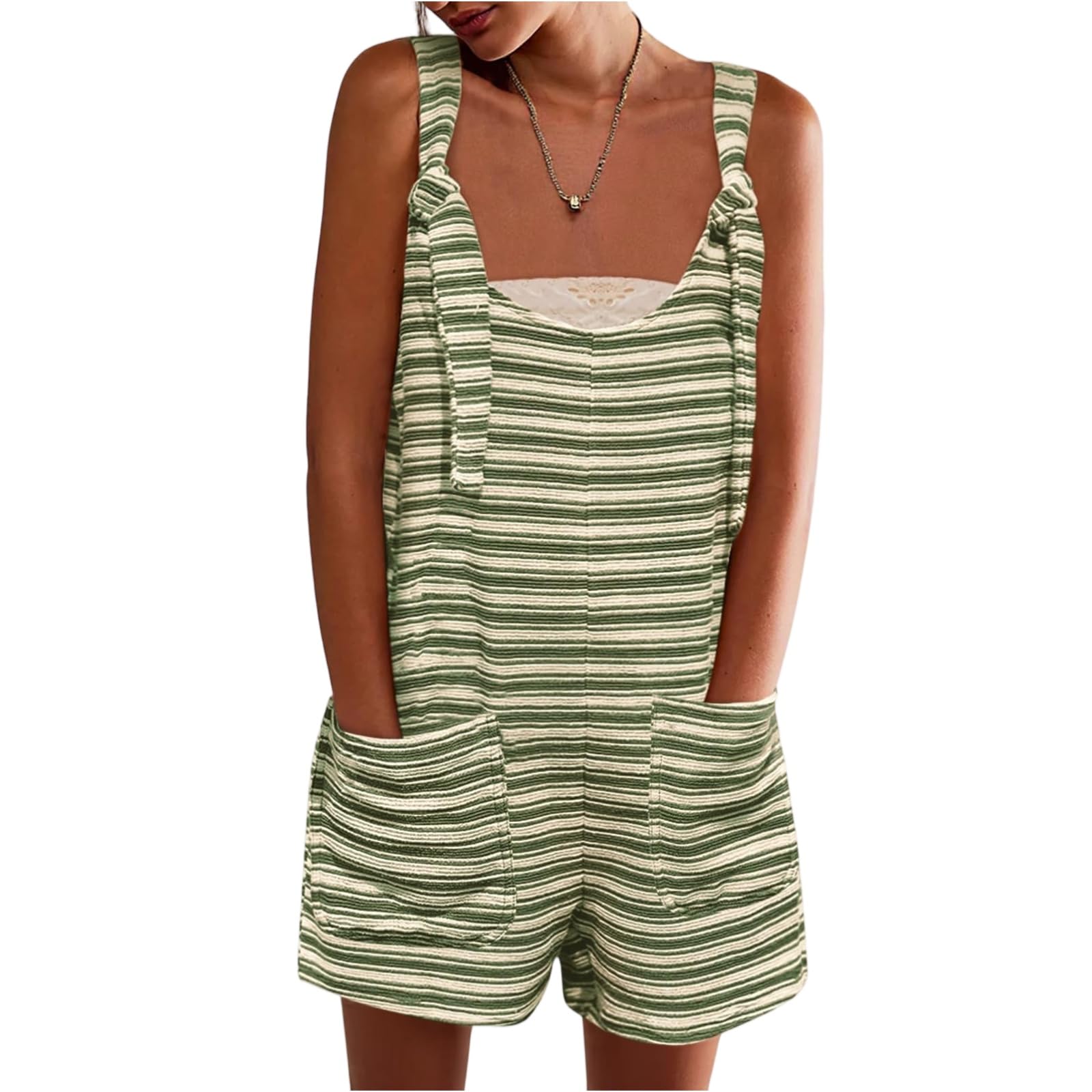 Summer Rompers for Women 2025 Striped Linen Short Overalls Tie Shoulder One Piece Short Jumpsuits with Pockets Wide Leg Rompers Baggy Sleeveless Overalls for Women Loose Fit Colorful Shortalls