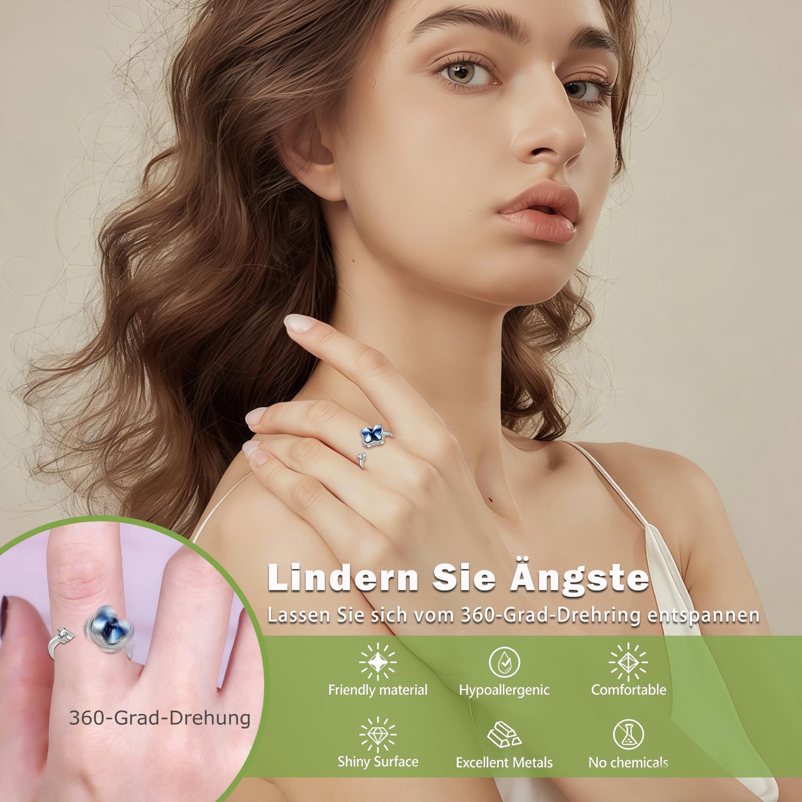 Silber Anxiety Ring mit drehbarem Design für Angst Damen Frauen Mädchen, Verstellbare Offener Anti-Stress Ringe, Spinner Fidget Ring gegen Angst, Stimmungsring Modeschmuck Geschenk