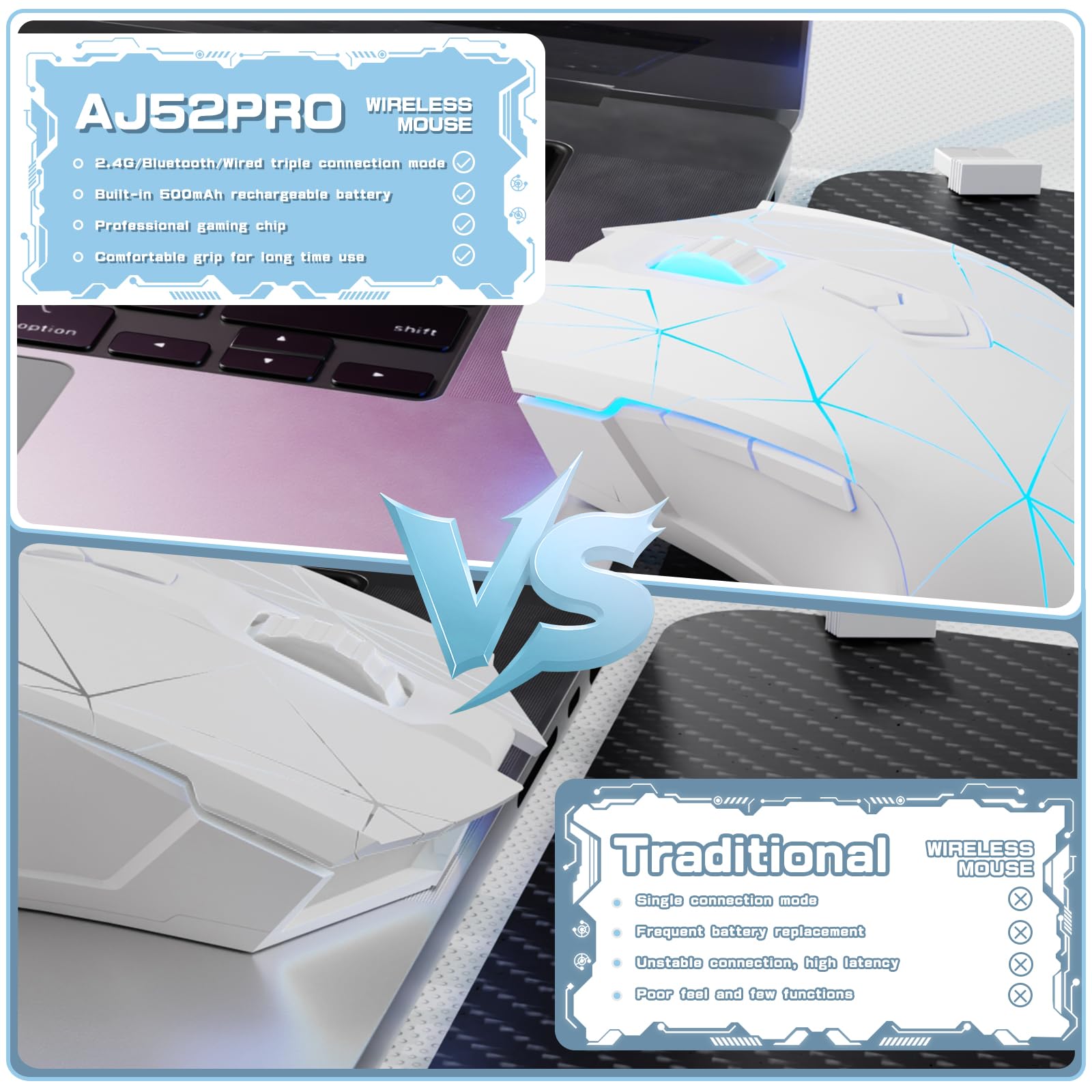 AJ52PRO Bezprzewodowa Mysz do Gier, Lekka Mysz do Gier z Tri-Mode - 2.4G/BT5.0/USB Wired, Do 10 000 DPI, Ergonomiczna PC Gaming Mice z Rainbow LED Backlight i 8 Przyciskami do Win/Mac - Gwiazda Biała