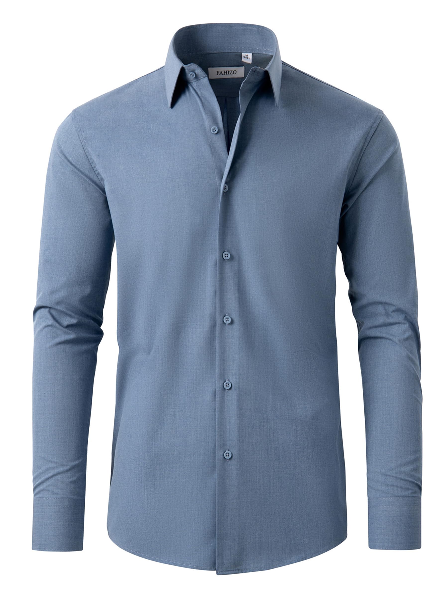 FAHIZO Mens Dress Shirt Casual Regular Fit Stretch Soild Long Sleeve Button Up Shirts