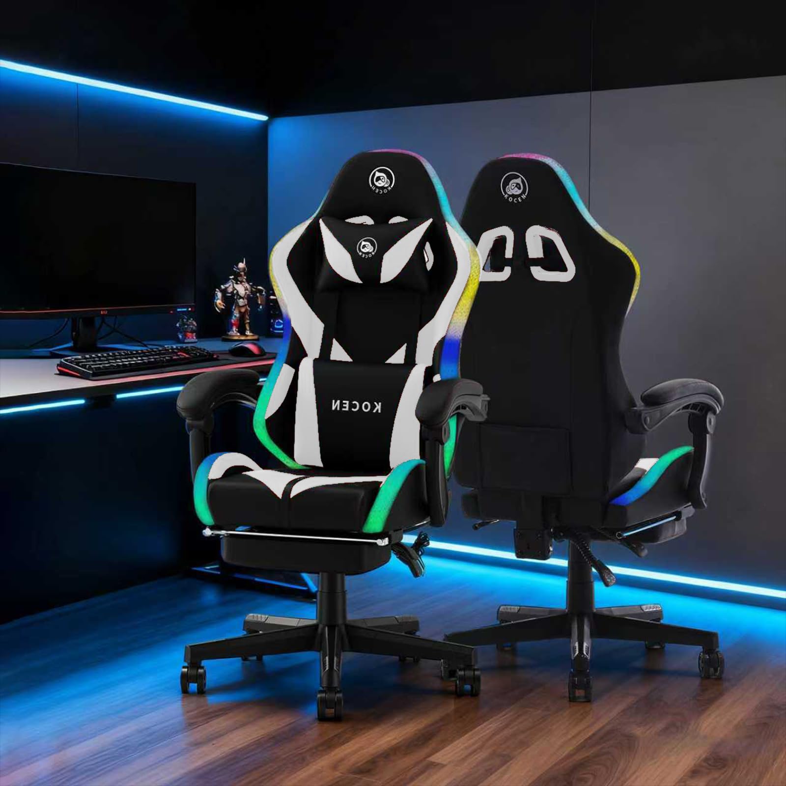 LED Gaming Chairs for Adults Tall and Kids，Lumbar Support,LED Lights，High Back Reclining Computer Chair with Headrest(WhiteBlack)