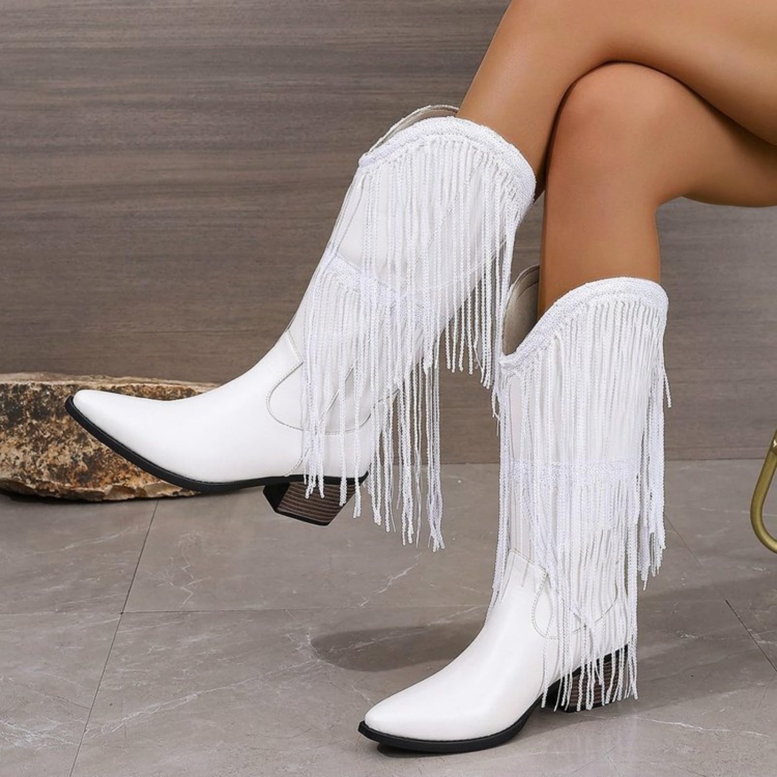 Botas de vaquero para mujer, botas altas de ante occidental, botas de vaquero con flecos, punta puntiaguda, botas de vaquero con tacón de bloque, botas de vaquera largas, elegantes botas