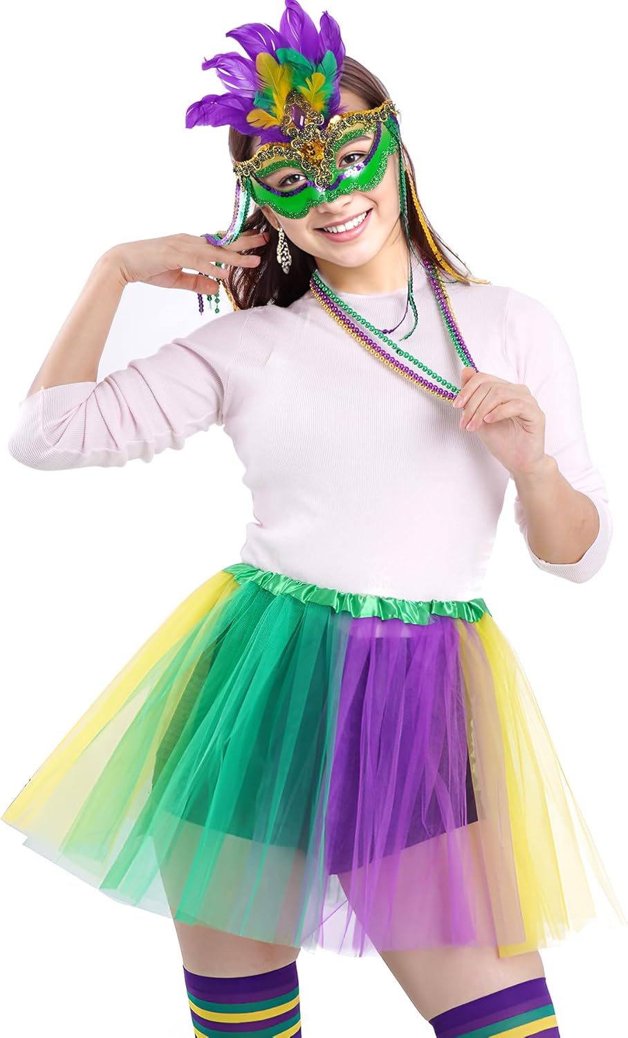 Yolyoo Mardi Gras Costume Accessory Set Tutu Skirt, Faux Feather Headband, Mask,Mardi Gras Beads,Feather Boa for Women(Style 4) - Image 5