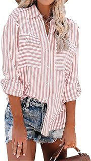 Silunma2021 Women V-Neck Button Down Loose Shirts Stripe Breathable Long Sleeves Shirts Classic Office Blouse Top with Pockets