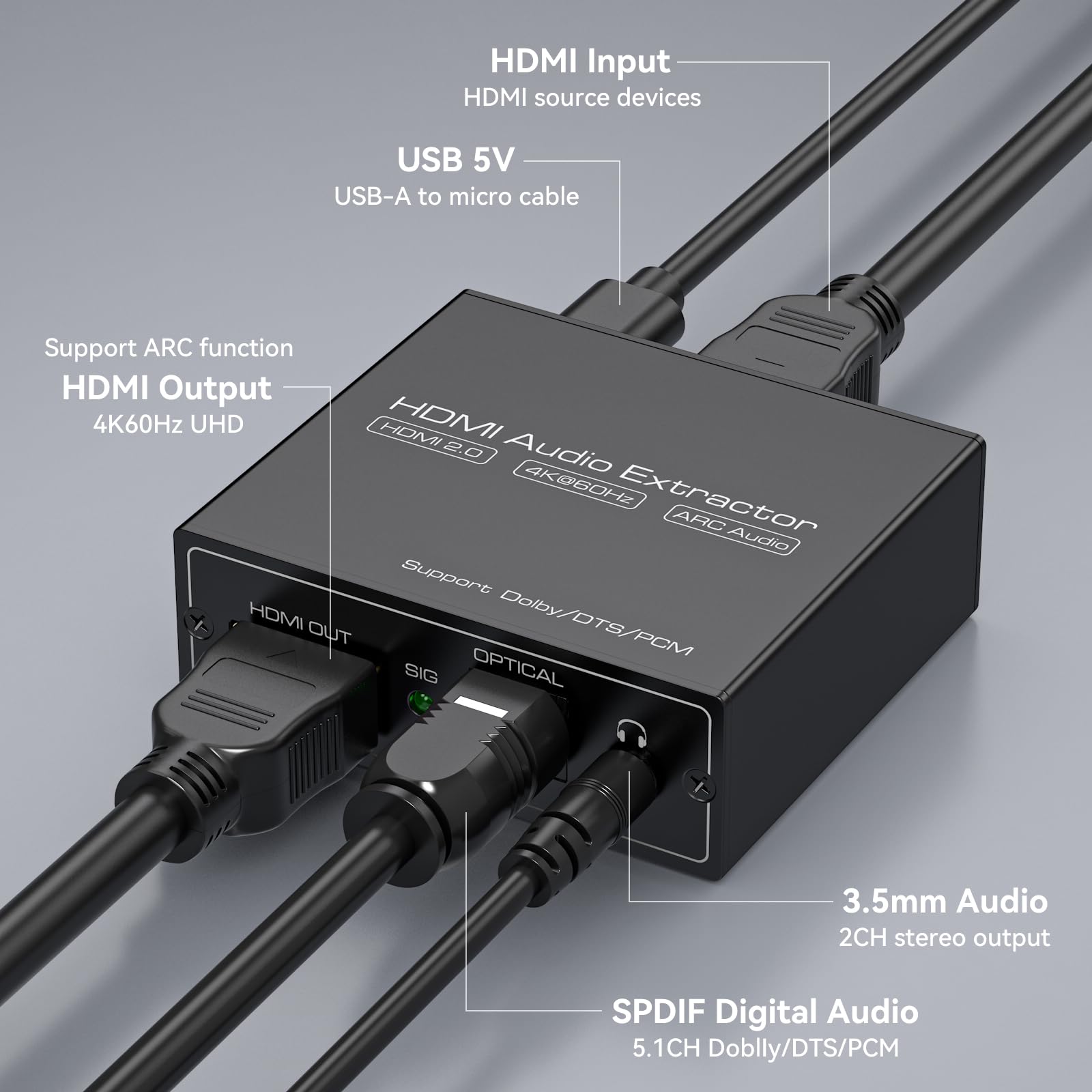 VEDINDUST HDMI ARC Audio Extractor Splitter Adapter 4K@60Hz HDMI Fiber Optic Adapter to 3.5mm Converter Splitter SPDIF TOSLINK Fiber Optic and 3.5mm Stereo Audio, Supporting LPCM 7.1/DTS/DSD