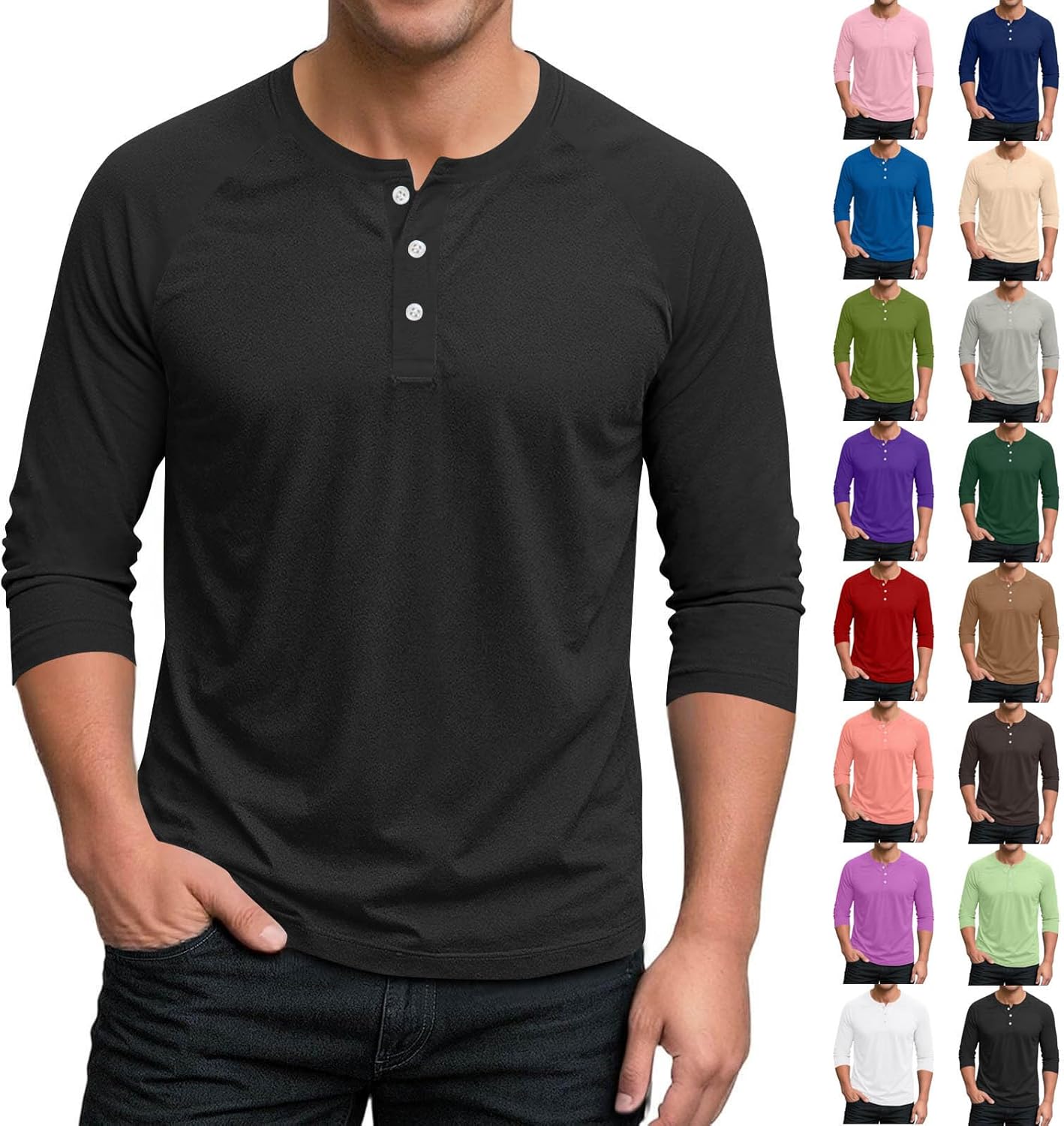 Mens Henley 3/4 Sleeve T Shirt 3 Button Tee Shirts for Men Jersey Baseball T-Shirts...