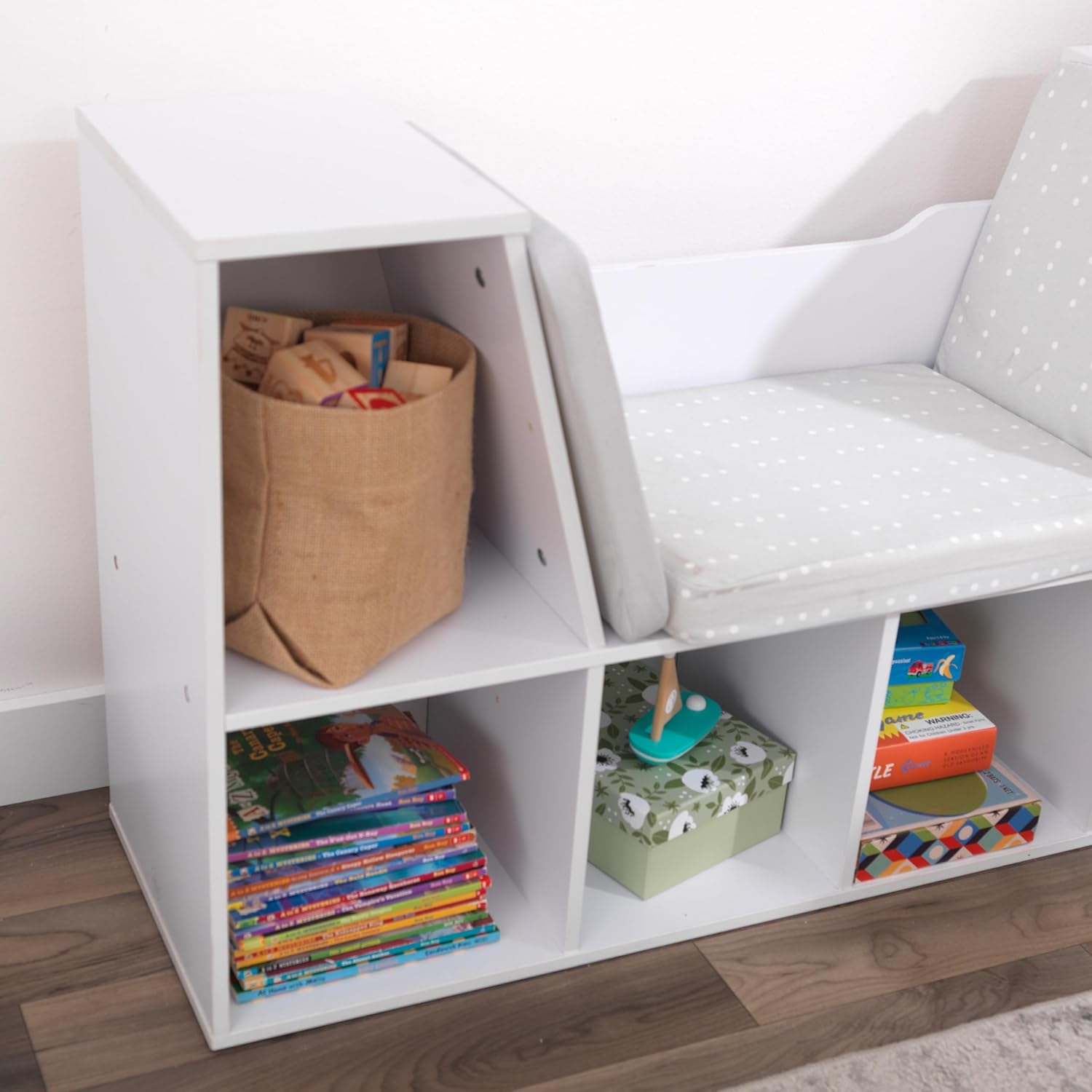 KidKraft Wooden Bookcase with Reading Nook, Storage and Gray Cushion, White - Image 8