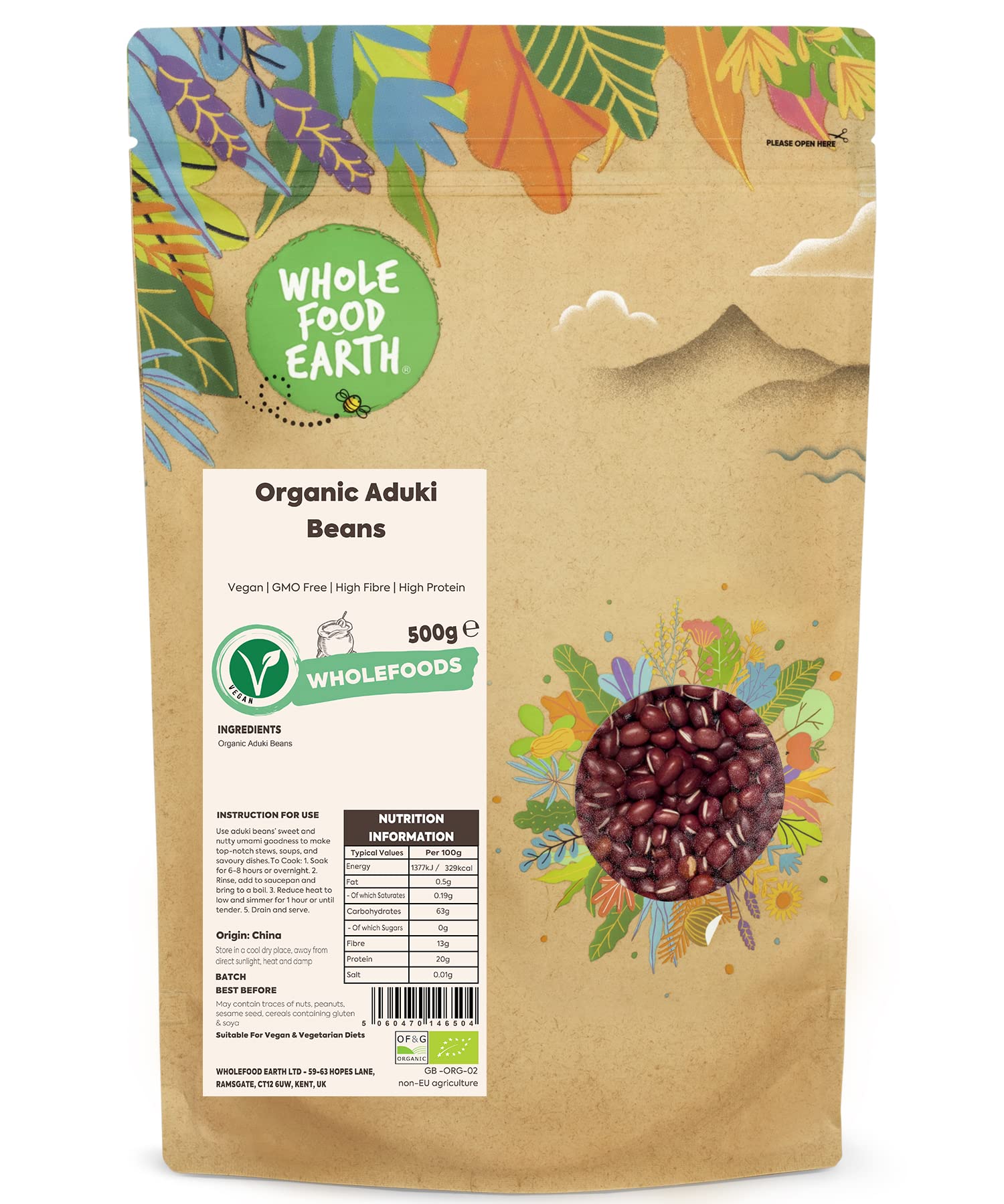 Wholefood Earth Organic Aduki Beans 500g Vegan | GMO Free | High Fibre | High Protein | Certified OrganicEU Organic