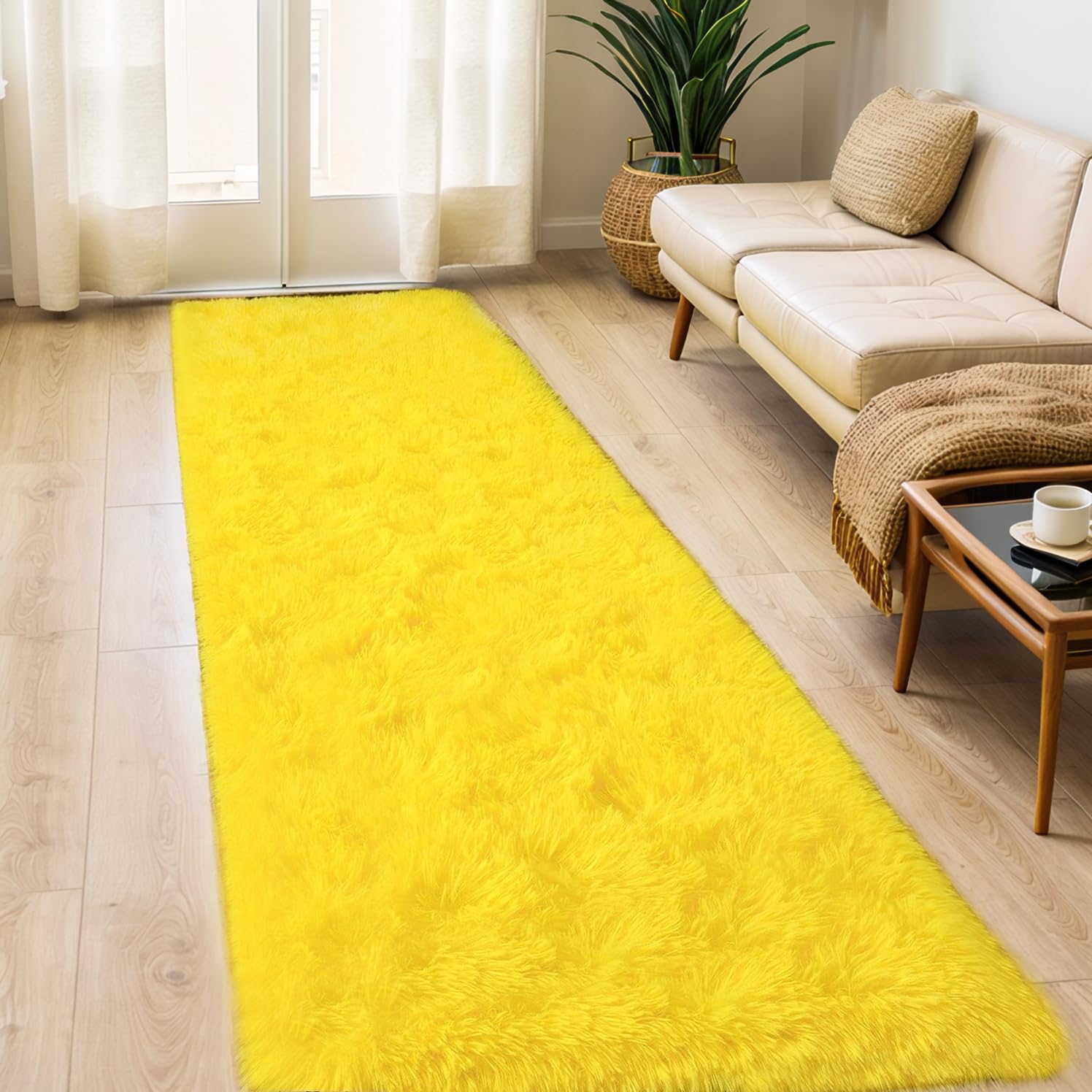 GREFFY Soft Runner Rugs for Bedroom, 2x6 Ft Hallways Modern Plush Yellow Shag Carpet, Non Slip Dorm Bedside Shaggy Rug for Living Room, Indoor Long
