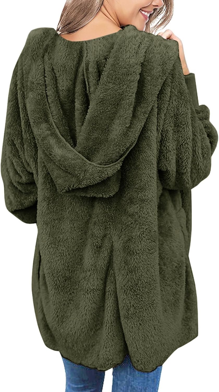 Yanekop Womens Oversized Sherpa Jacket Long Cardigan Sweaters Fuzzy Fleece Jacket Faux Fur Plus Size Coats with Pockets - Image 3
