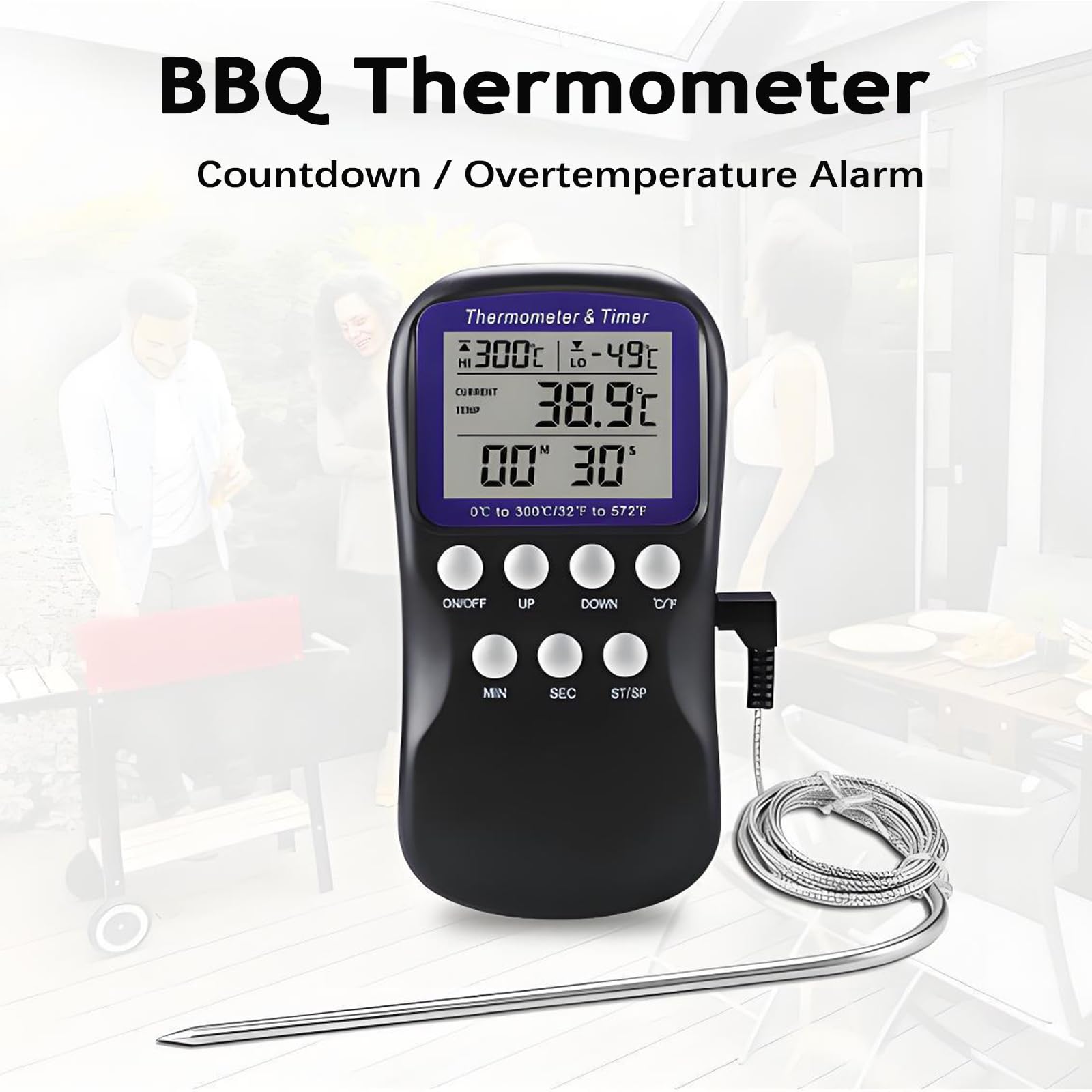 Ausenzup Digital Meat Thermometer, Accurate Temperature Probe with Large LCD Screen, Timer Alarm Function, Stainless Steel Design, Professional Thermometer for Cooking, Grilling, Restaurants
