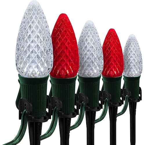 Wintergreen Lighting 50’ OptiCore LED Red and Cool White Pathway Christmas Lights, C9 Outdoor Candy Cane Walkway Lights, 5” Stakes, Green Wire