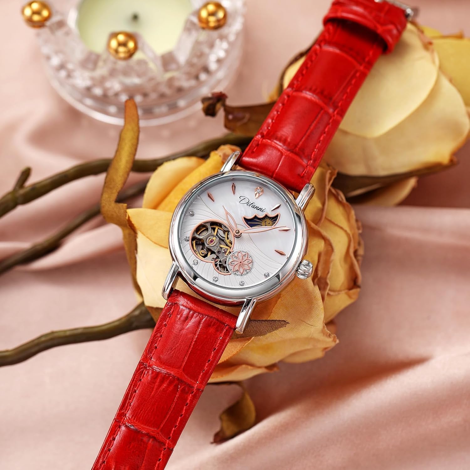 Montre mécanique automatique pour femme en acier inoxydable avec cadran à phases de lune et bracelet en cuir étanche