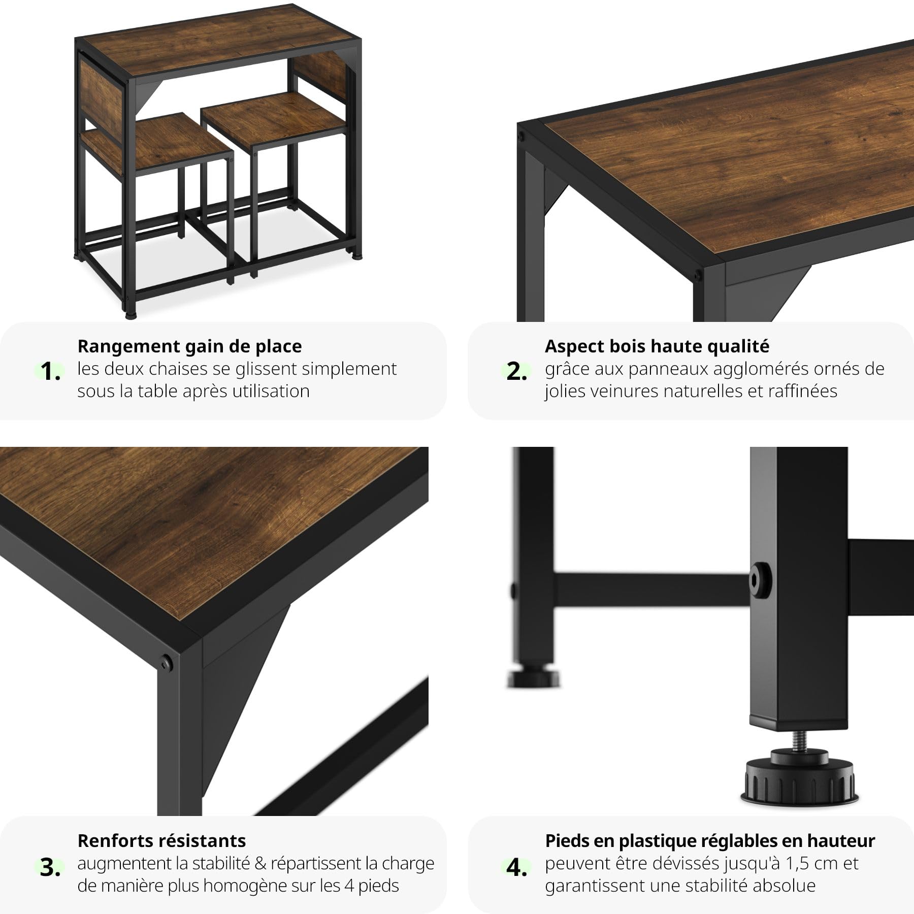 tectake Ensemble Table et 2 chaises Ensemble de Salle à Manger Groupe de sièges Meuble pour Salle à Manger – diverses Couleurs (Bois foncé Style Industriel)