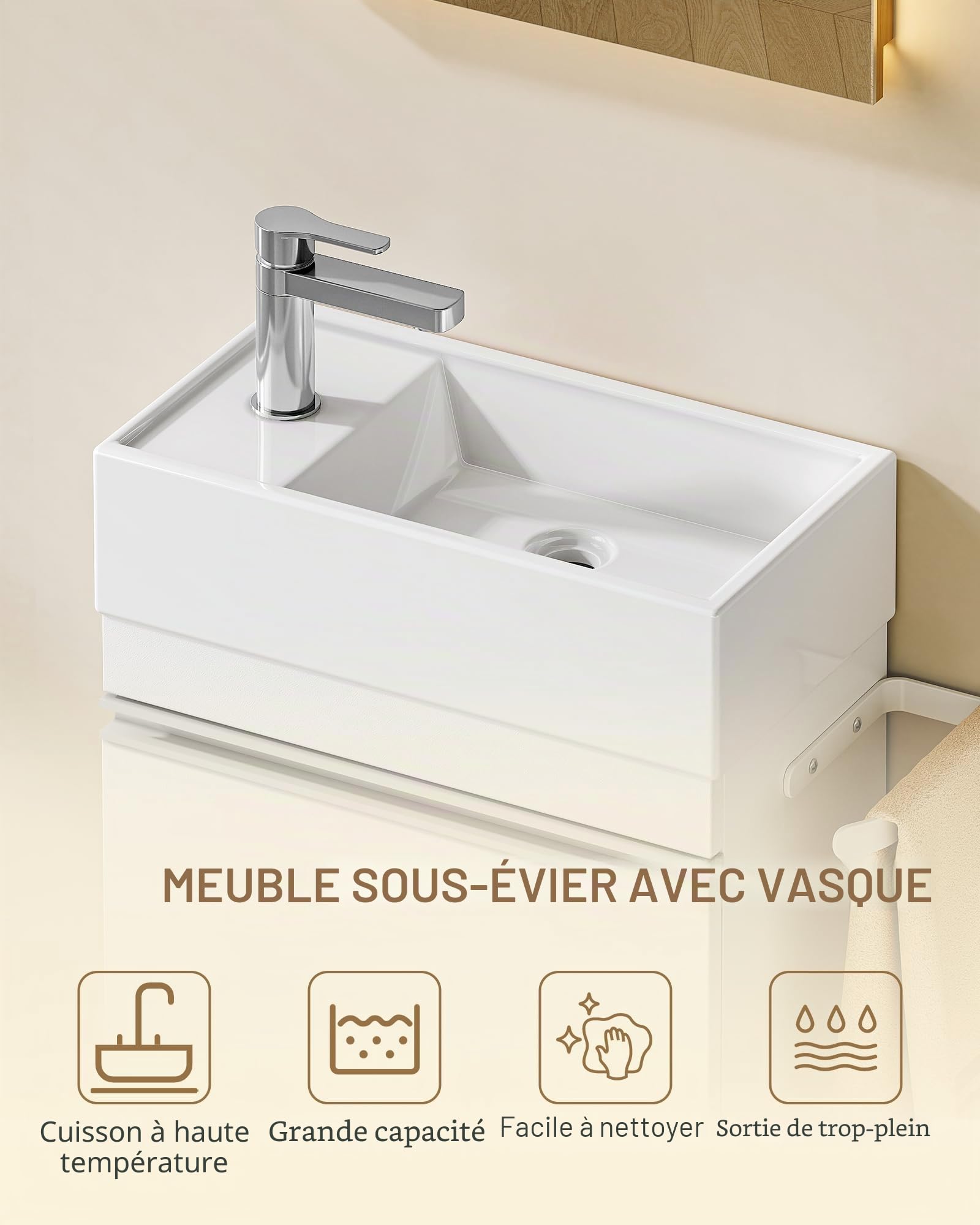 Hzuaneri Meuble Lavabo Suspendu, Lavabo en Céramique, Meuble de Salle de Bain, 1 Porte-Serviettes, 1 Grande Armoire de Rangement, Étagère Réglable, 22 x 40 x 55 cm, Blanc, BC40003X