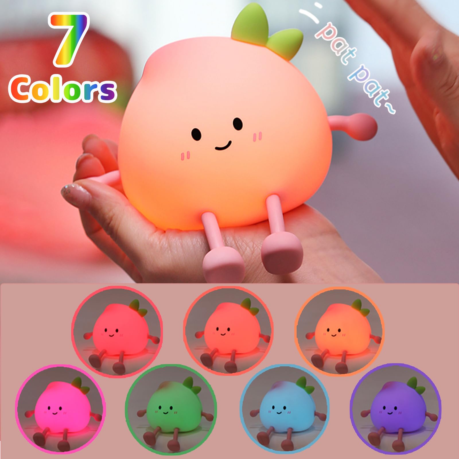 Night Light for Kids, Cute Peach Soft Silicone Nursery Light with 7 Colors & 3 Levels Adjustable Warm Light, Rechargeable Touch Control Pat Light, Bedside Baby Night Light Gift for Kids (Multicolour)