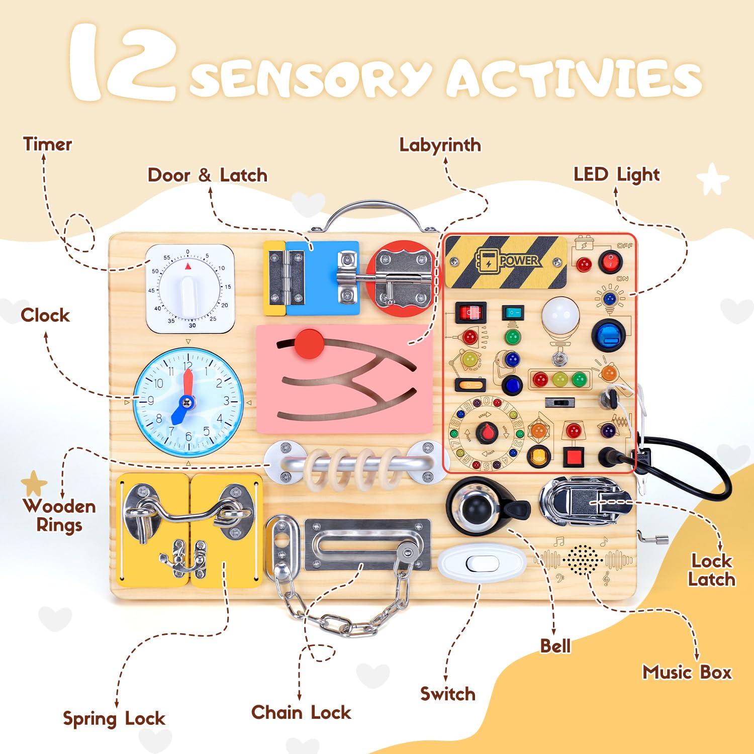 Busy Board with 13 LED Light Switches and 12 Activity, Montessori Toys for Toddlers, Wooden Toy Sensory Activity Board, Travel Toys for 1+ Year Old Boy & Girl Birthday Gift (25 in 1 Busy Board)