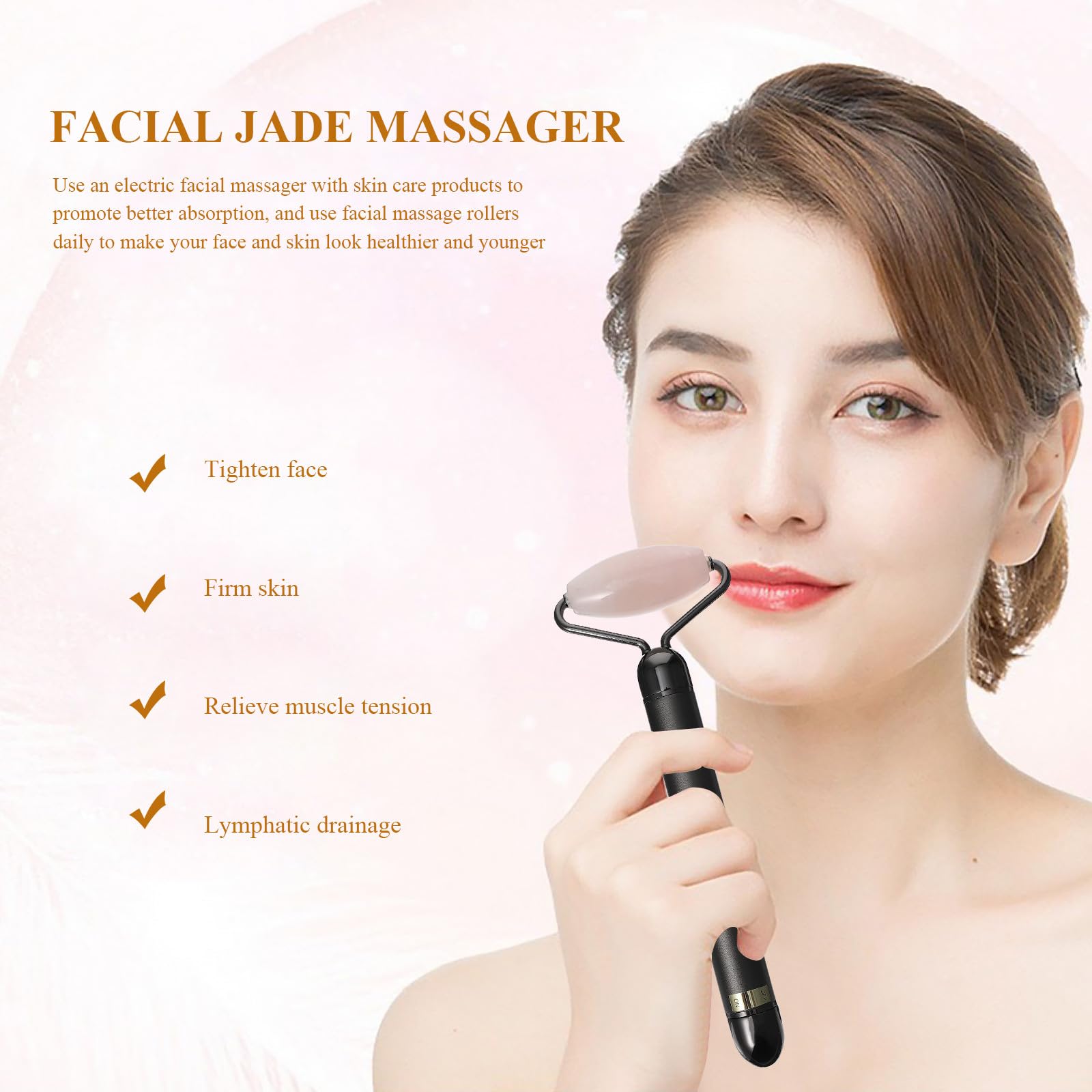 Rodillo Facial Masajeador Facial de Cristal y Aleación de Jade Natural y Mejorar Brillo Piel para Promover Colágeno en Rostro
