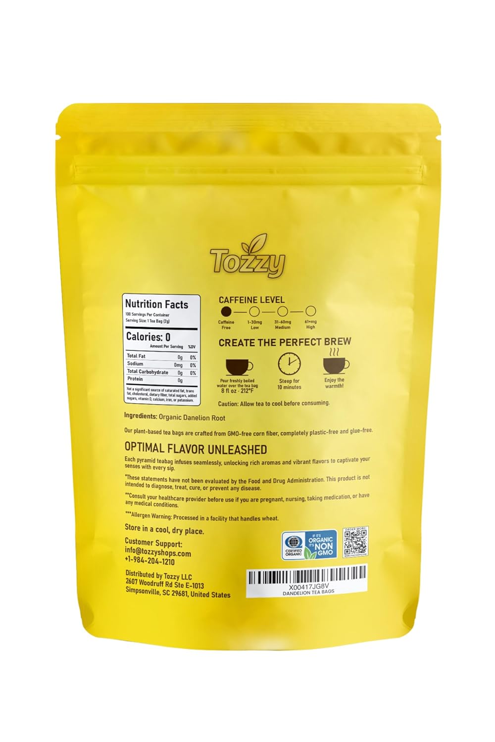 Tozzy Organic Dandelion Tea – 100 Count, Plant-Based Pyramid Tea Bags – Packaging May Vary | Organic, Plant-Based, Eco-conscious, Pure Ingredients