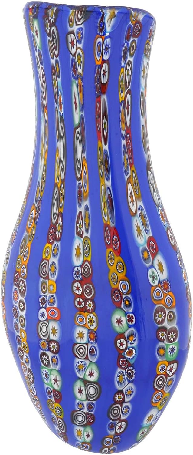 Glass Of Venice Blue Stripes Murano Glass Millefiori Vase - Large